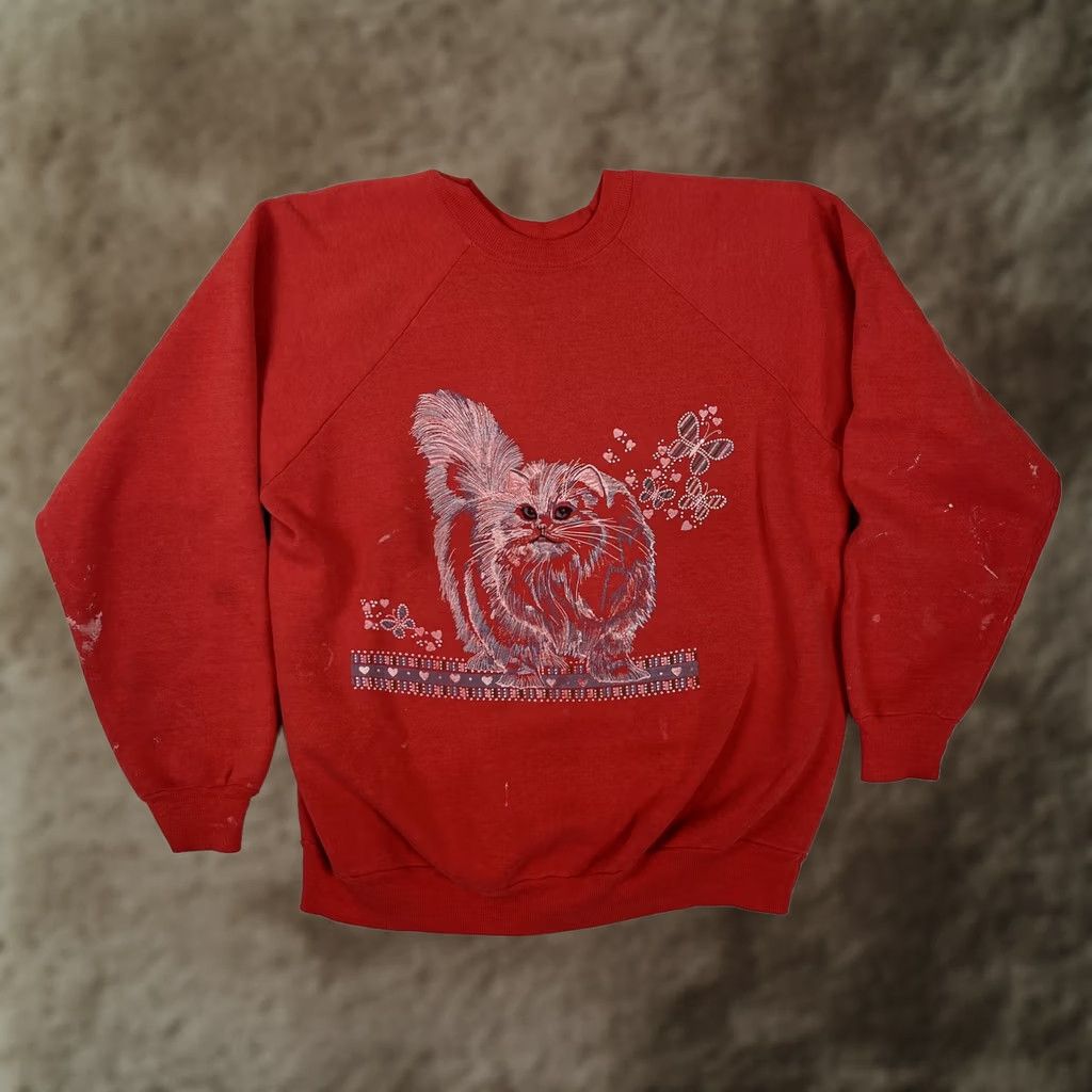 Vintage VINTAGE Cat Raglan Sweatshirt Womens Large Red Raglan Fleece Crewneck 80s Size L / US 10 / IT 46 - 1 Thumbnail