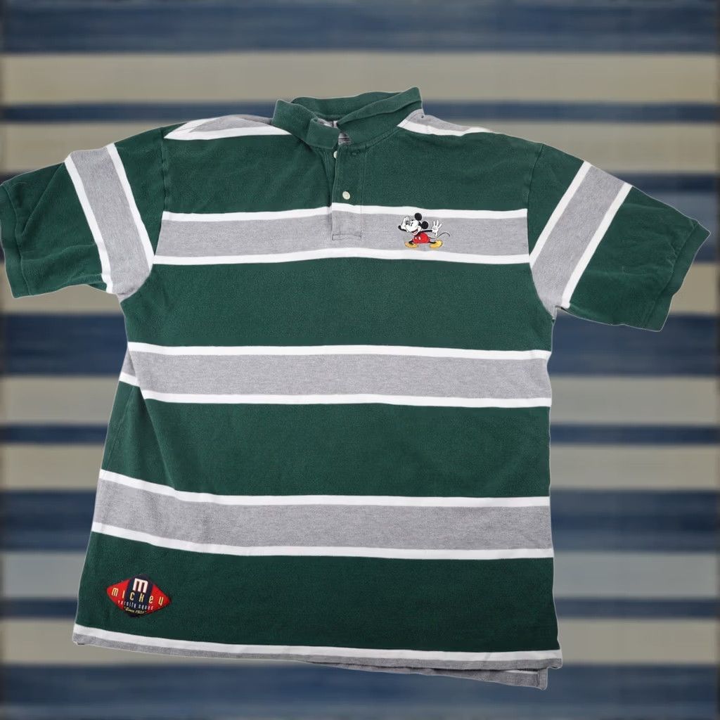 Disney VINTAGE Disney Mickey Varsity Squad Striped Polo Shirt XL Mens Green Gray Size US XL / EU 56 / 4 - 1 Thumbnail
