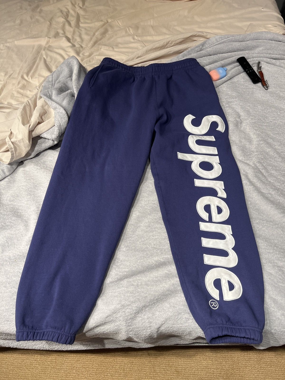 Supreme Supreme Satin Appliqué Sweatpants Washed Navy/Purple | Grailed