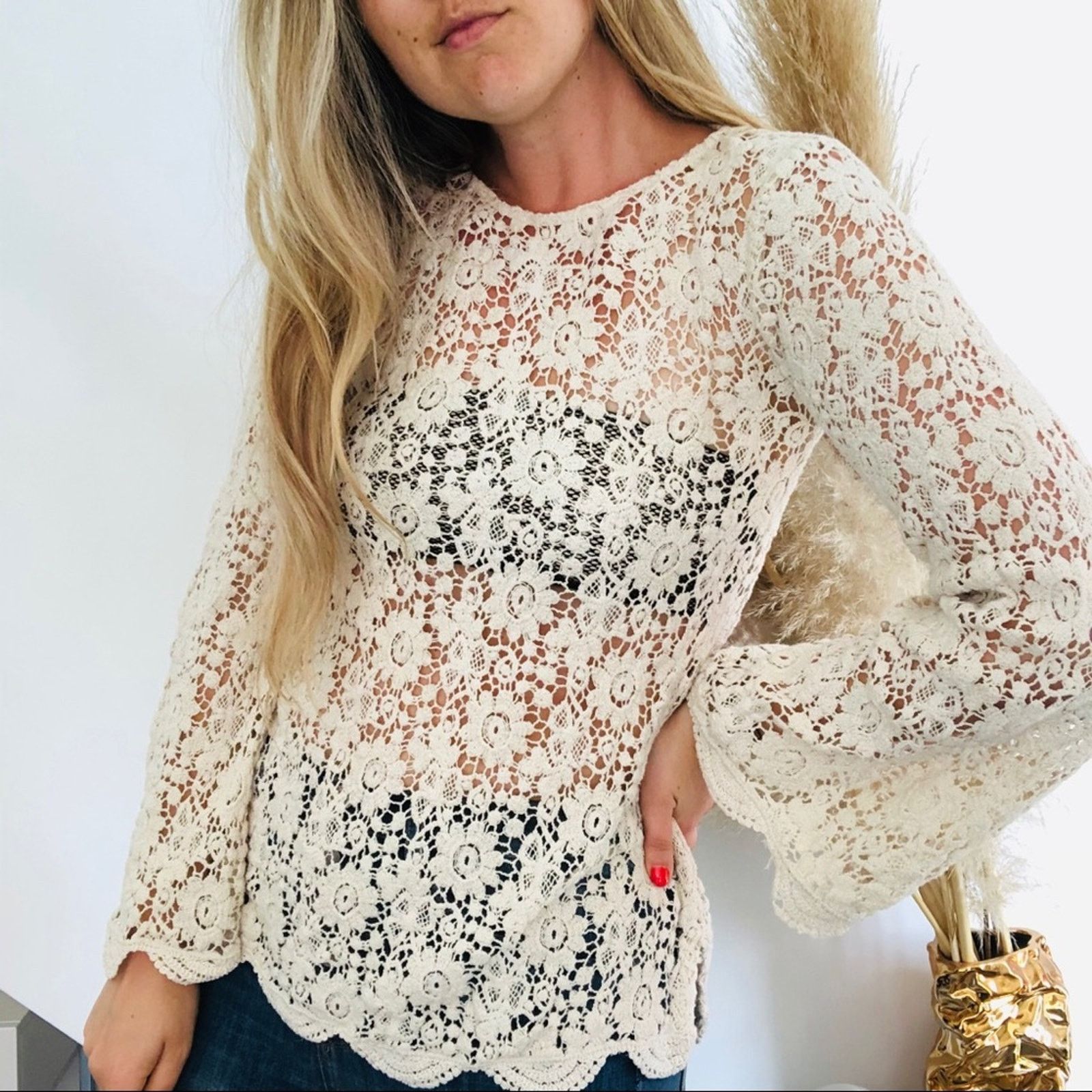 image of Fp Free People Cream Lace Button Back Blouse Top Sweater Xs, Women's