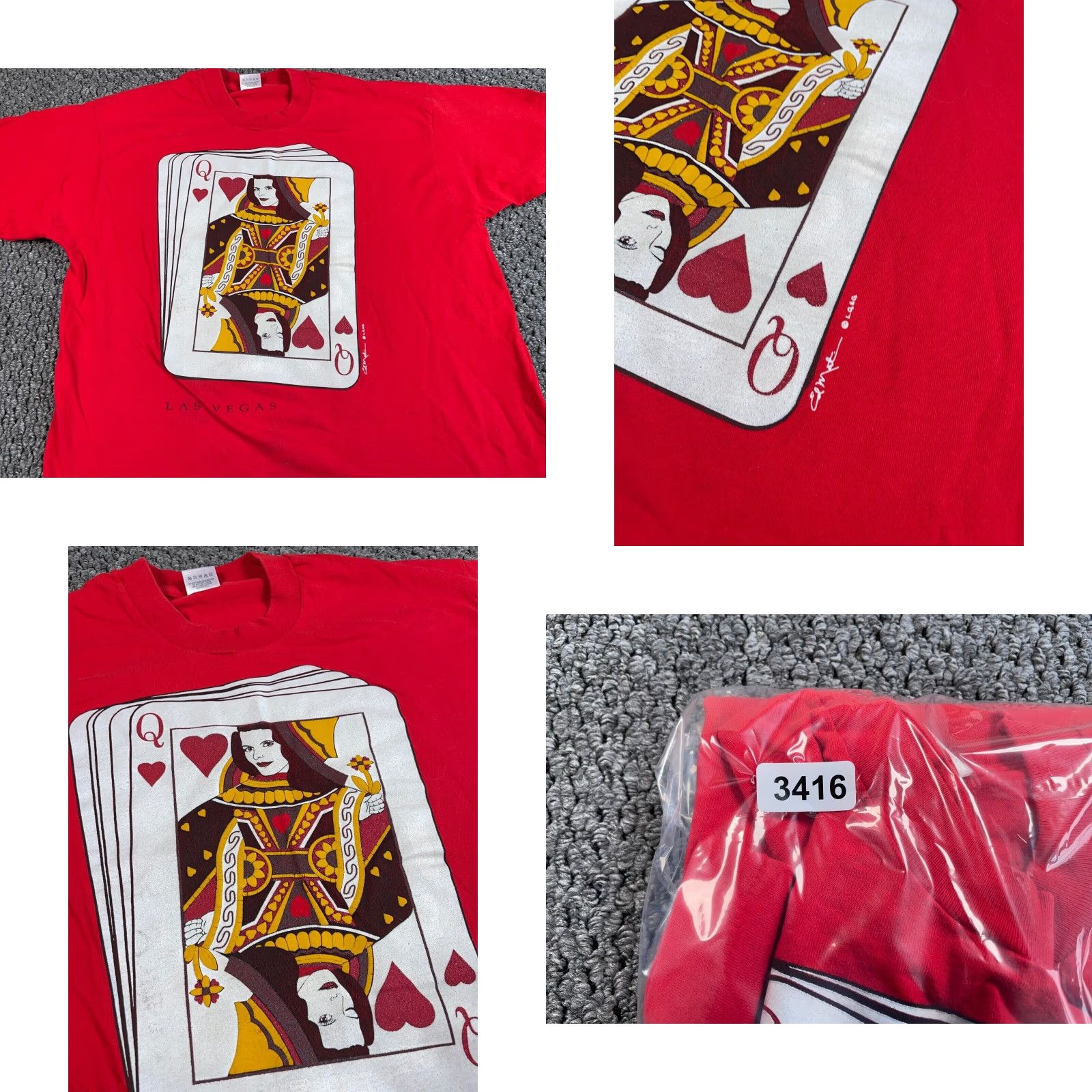 Fruit Of The Loom VINTAGE Las Vegas Queen of Hearts T-Shirt Adult Large Red Cotton 90s City Retro Mens L Size US L / EU 52-54 / 3 - 8 Thumbnail