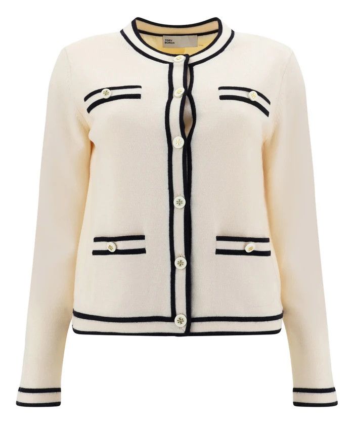 Tory Burch o1s22i1n1024 Kendra Merino Wool Cardigan in Ivory Size L / US 10 / IT 46 - 1 Thumbnail