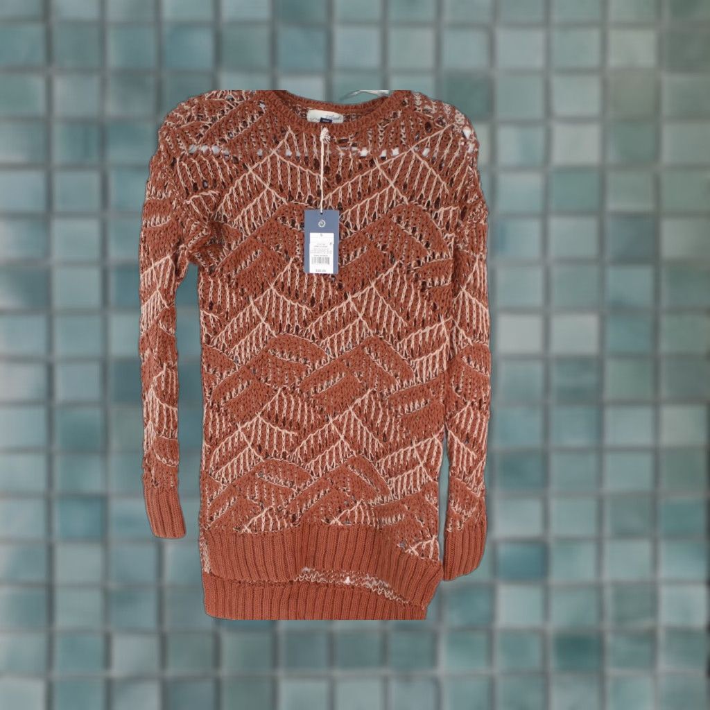 Vintage Universal Thread Women's Open Knit Sweater Brown Small Puff Sleeve Round Neck Geometric Lightweight Fall Casual Women's Size S / US 4 / IT 40 - 1 Thumbnail