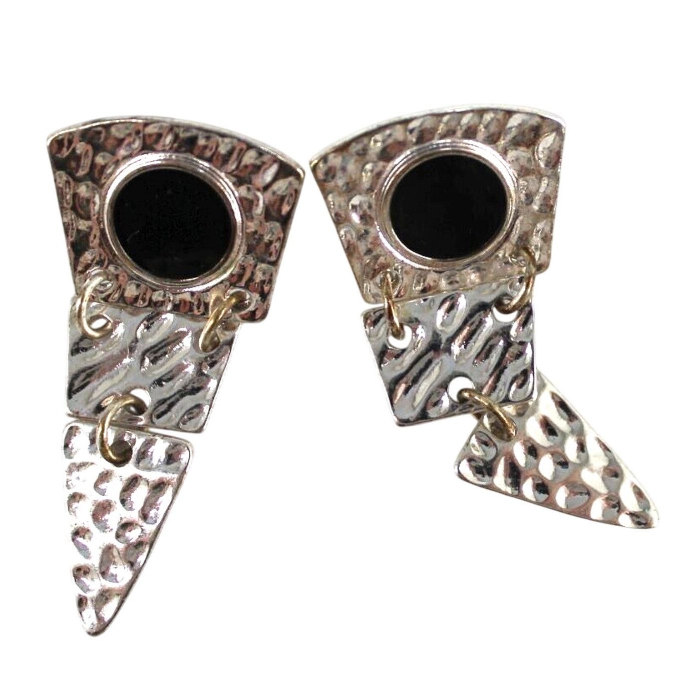 Other Silvertone Dangle Earrings • Hammered • Black Enamel • 2" Size ONE SIZE - 2 Thumbnail