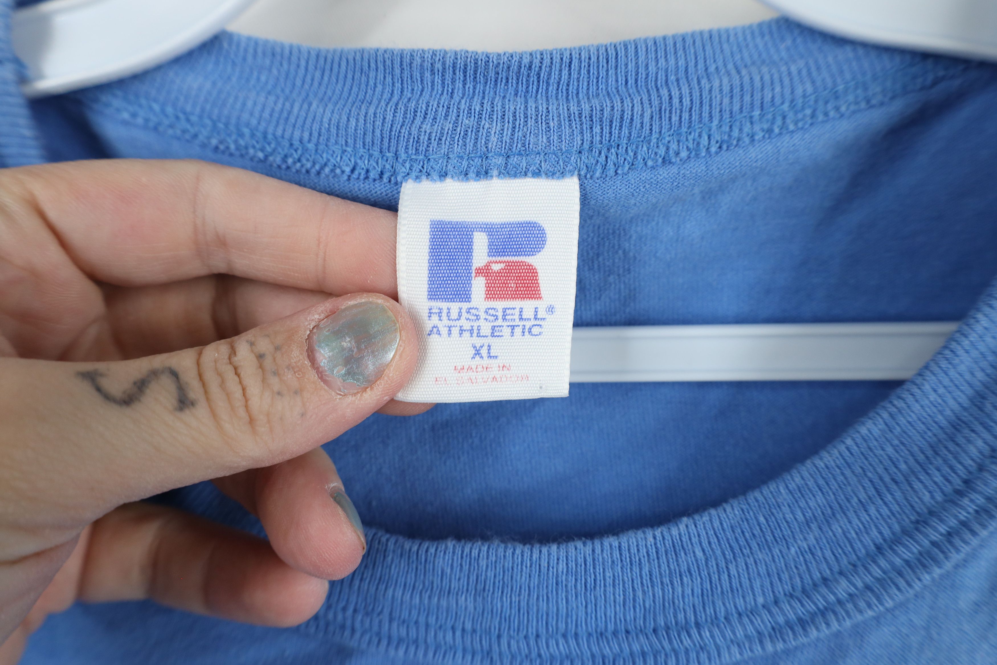 Russell Athletic × Vintage Vintage 90s Russell Athletic Cotton T-Shirt Carolina Blue Size US XL / EU 56 / 4 - 4 Thumbnail