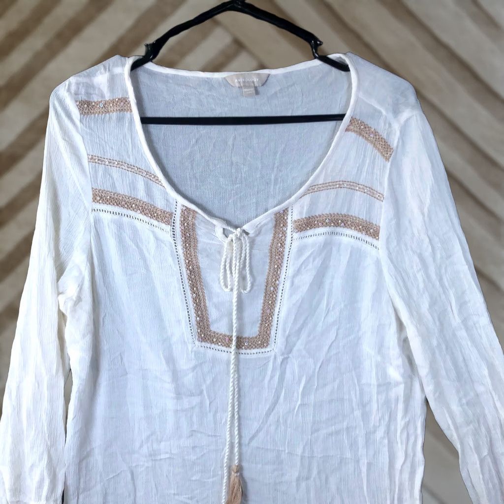 Vintage Anthology Shirt White Embroidered Sheer Long Sleeve 12 Viscose Womens Shirt Casual Workwear 100% Viscose XS-XL? Size XL / US 12-14 / IT 48-50 - 1 Thumbnail