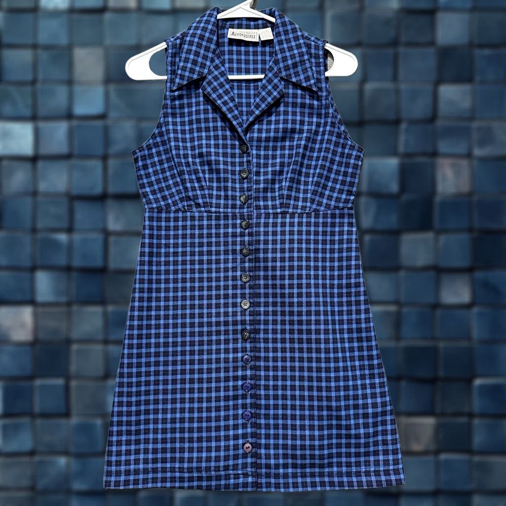 Aeropostale VINTAGE Aeropostale Mini Dress XS Blue Plaid Button Front Collared Rayon Womens Short Dress Size XS / US 0-2 / IT 36-38 - 1 Thumbnail