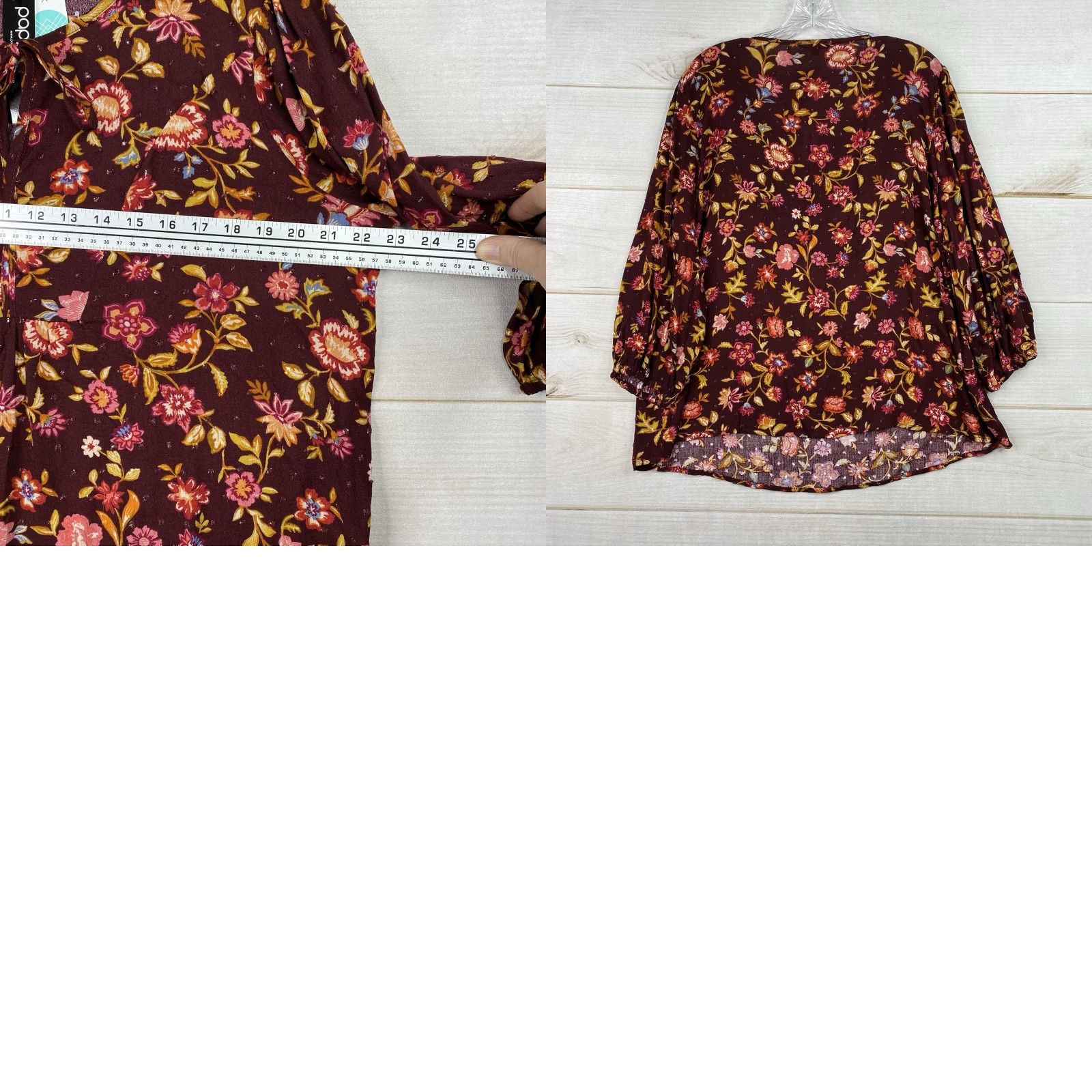 Vintage Papermoon Women 2XL Top Red Floral Boho Tie Neck 3/4 Sleeve Pullover NWT Blouse Shirt Size XXL / US 16-18 / IT 52-54 - 8 Thumbnail