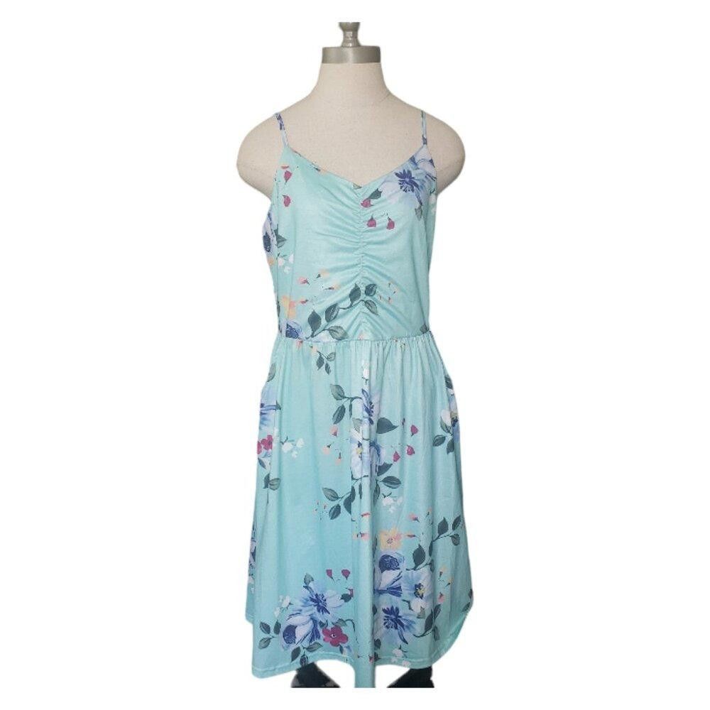 Designer CT340 Yathon Aqua Floral Spaghetti Strap Dress Size L / US 10 / IT 46 - 2 Thumbnail