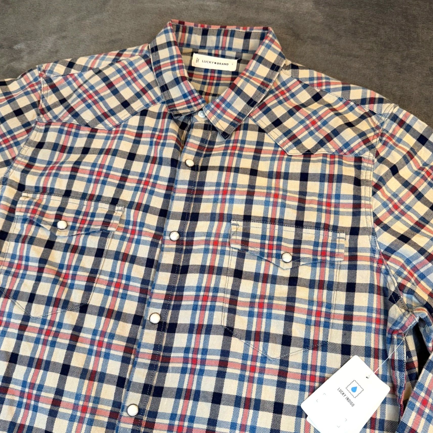 Lucky Brand Lucky Brand Western Snap Front Shirt Mens L Plaid Indigo Indigo Dyed Cotton 7M44147 Vintage No N/A Size US L / EU 52-54 / 3 - 2 Thumbnail