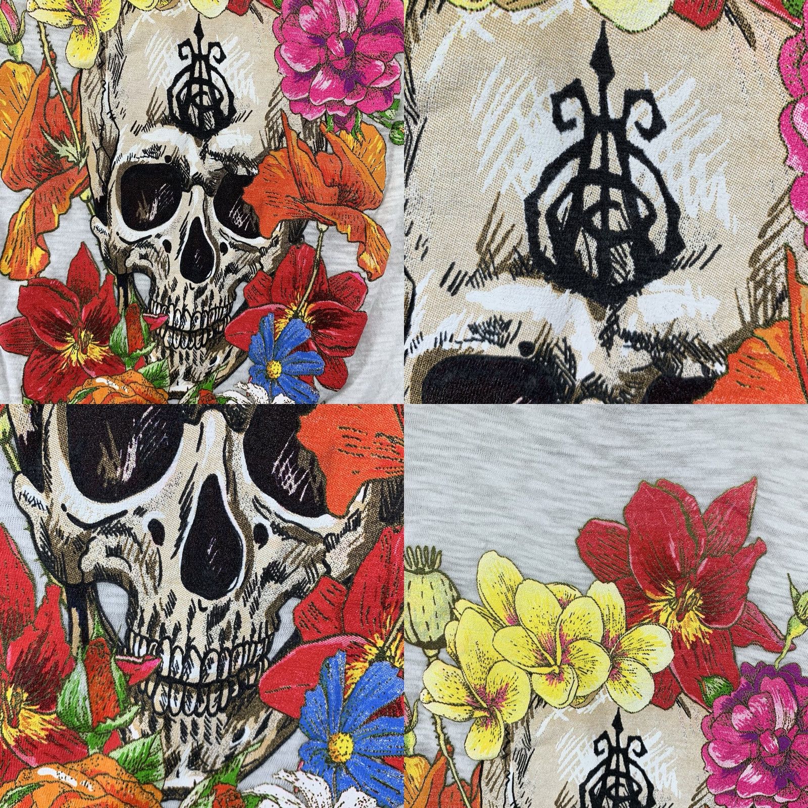 Vintage Women's Y2K Biker Top Medium Cotton Blend Short Sleeve White Bright Flowers Dark Skull Goth Casual Shirt Size M / US 6-8 / IT 42-44 - 8 Thumbnail