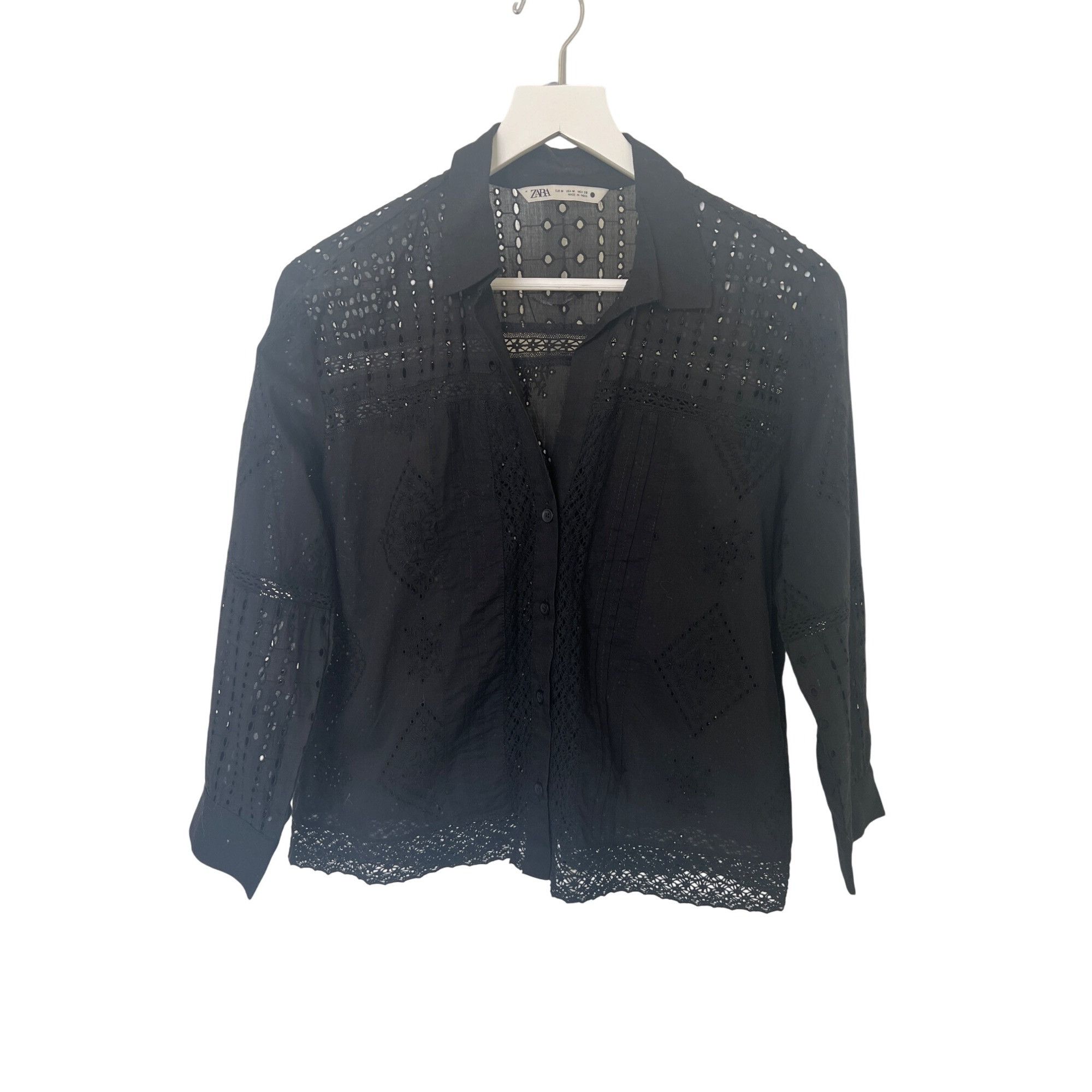 Zara Zara Black Embroidered Eyelet Button-Up Shirt Size M / US 6-8 / IT 42-44 - 1 Thumbnail