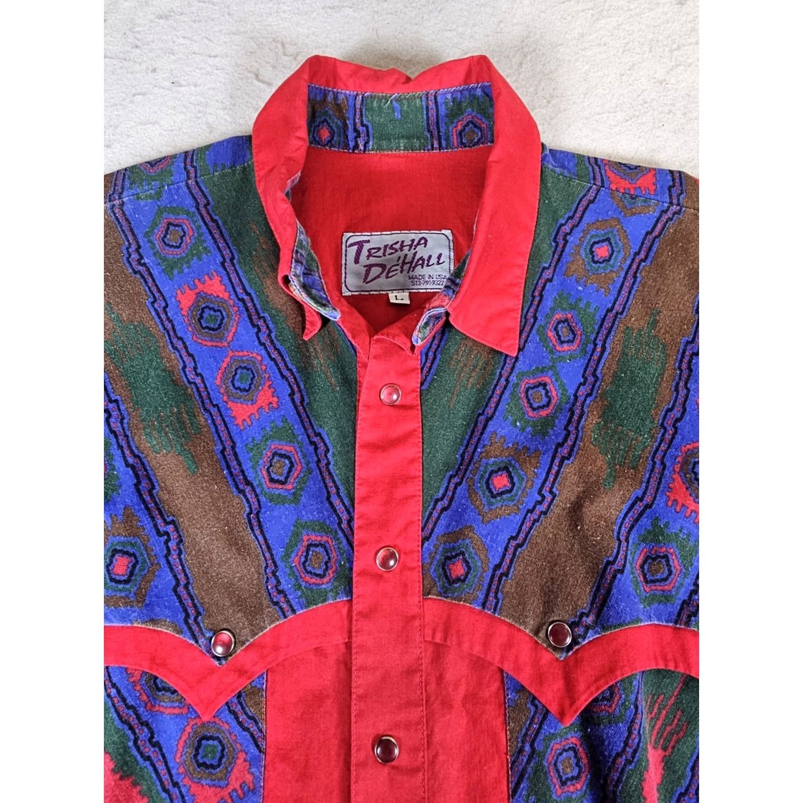 Vintage VINTAGE Trisha DeHall Western Shirt Lg Long Sleeve Rockabilly Cowboy Red Aztec Pearl Snap Mens Size US L / EU 52-54 / 3 - 7 Thumbnail