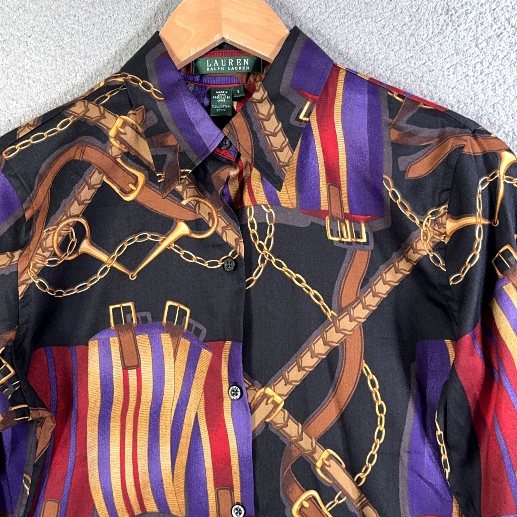 Ralph Lauren Lauren Ralph Lauren Top Womens Small Button-Up Equestrian Polo Blouse Shirt Black Geometric Print Short Sleeve? Size S / US 4 / IT 40 - 6 Thumbnail