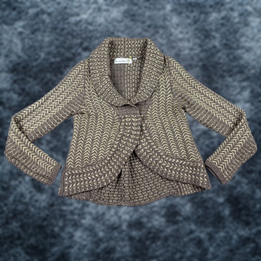 Anthropologie Charlie & Robin Sweater Womens M Brown Knit Cardigan Y2K VTG Open Collar Long Sleeve Casual Winter Fall Knit Pattern Herringbone Buttons Size M / US 6-8 / IT 42-44 - 1 Thumbnail