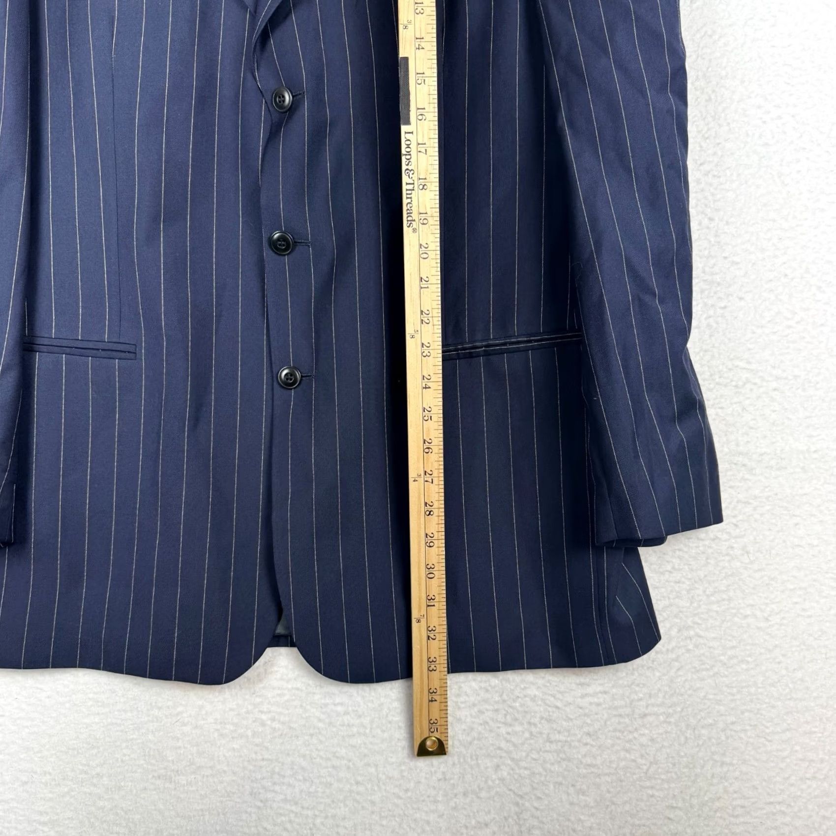 Vintage Bachrach Blazer Shirt: Mens 43 L Pisa Navy Blue Pin Stripe Super 120s Wool Silk Blazer Two Piece Notch Lapel 3-Button 4-Button Sleeve Size 46R - 7 Thumbnail