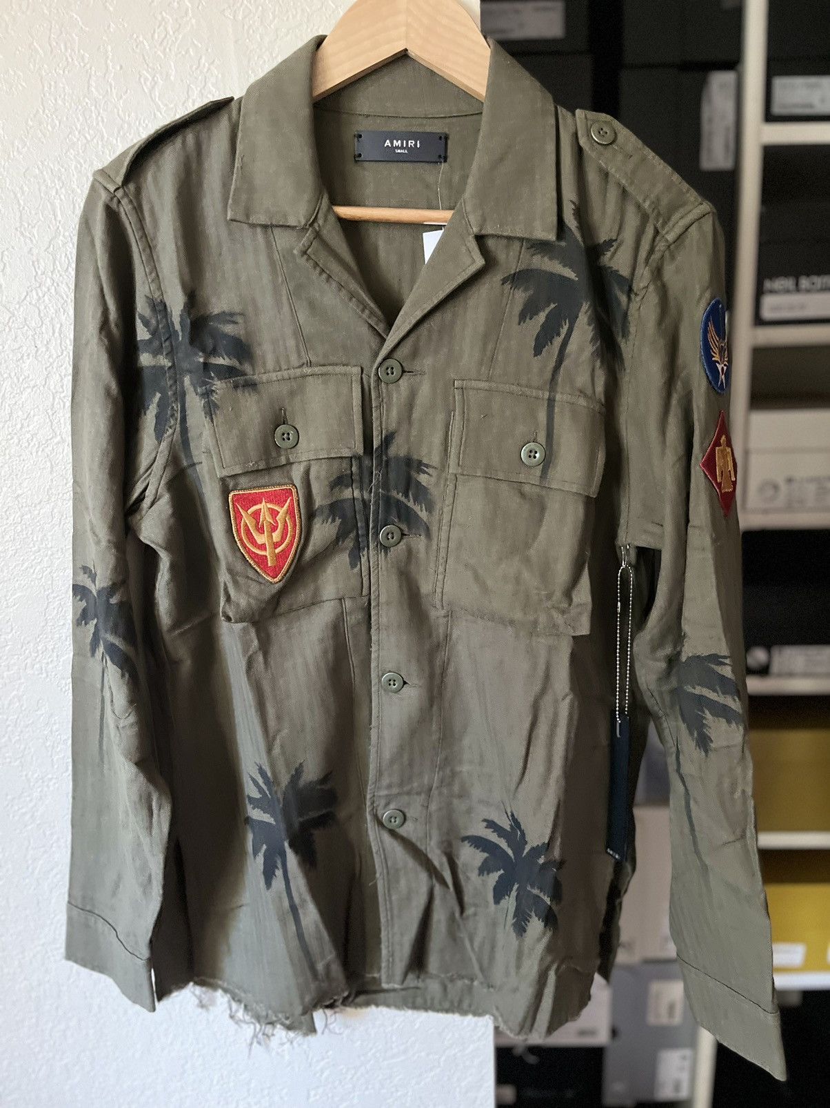 image of Amiri Palm Cotton/cashmere Military Shirt in Army Green, Men's (Size Small)