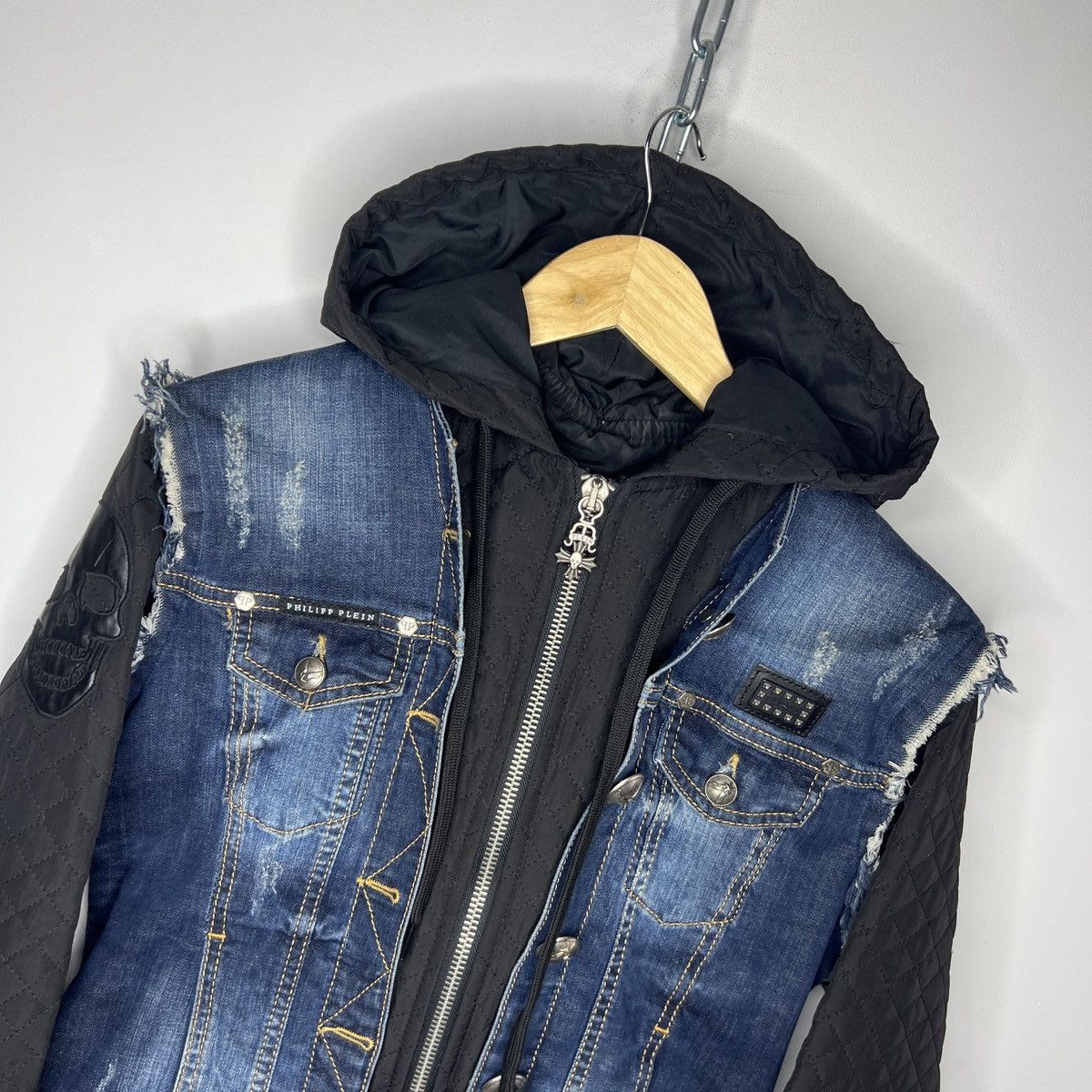 Designer × Philipp Plein Philipp Plein Denim Blue Black Quilted Zip Jacket Y2K RARE Size L / US 10 / IT 46 - 4 Thumbnail