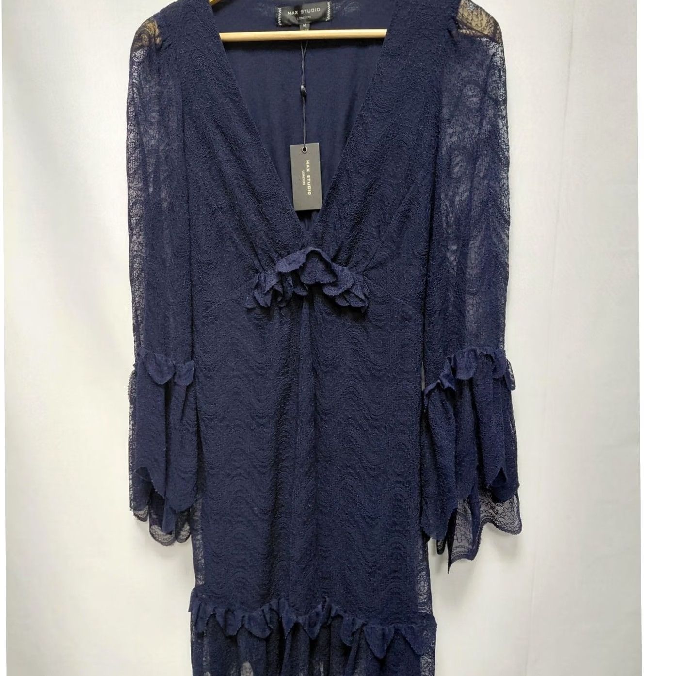 Vintage NWT Max Studio Navy Lace Ruffle Long Sleeve Dress | Size M | Women, A-Line, Party/Cocktail, V-Neck, Sheer Sleeves, Lined Body Size M / US 6-8 / IT 42-44 - 2 Thumbnail