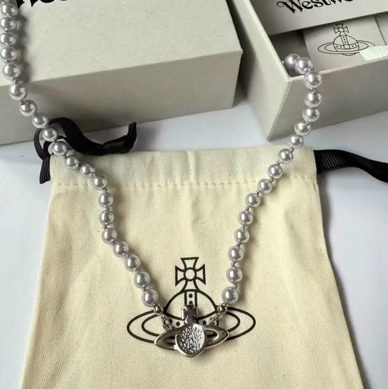 Vivienne Westwood Silver Pearl Logo Necklace 0089