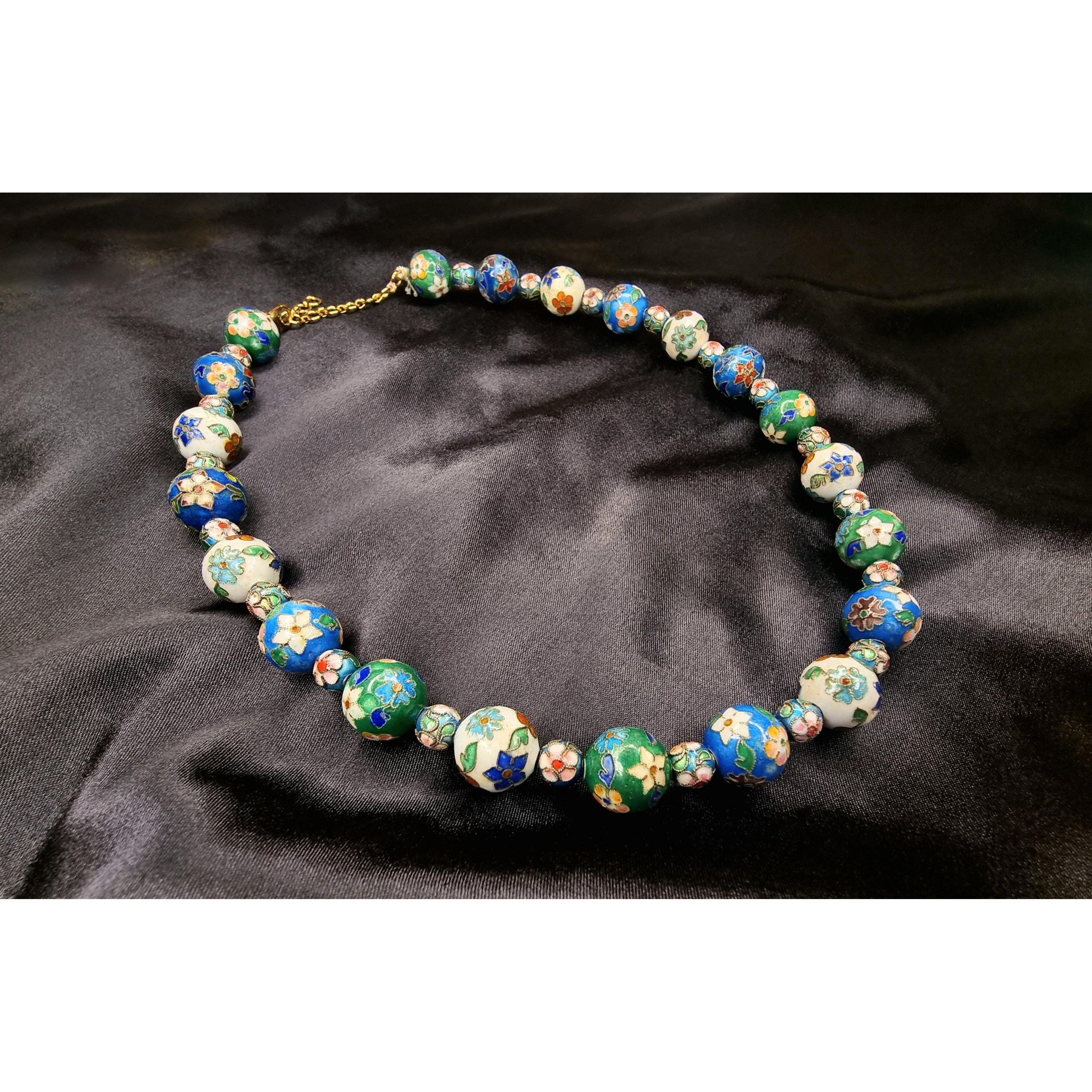 Vintage Vintage Asian Cloisonne Blue Green White Floral Flowers Bead Size ONE SIZE - 1 Thumbnail