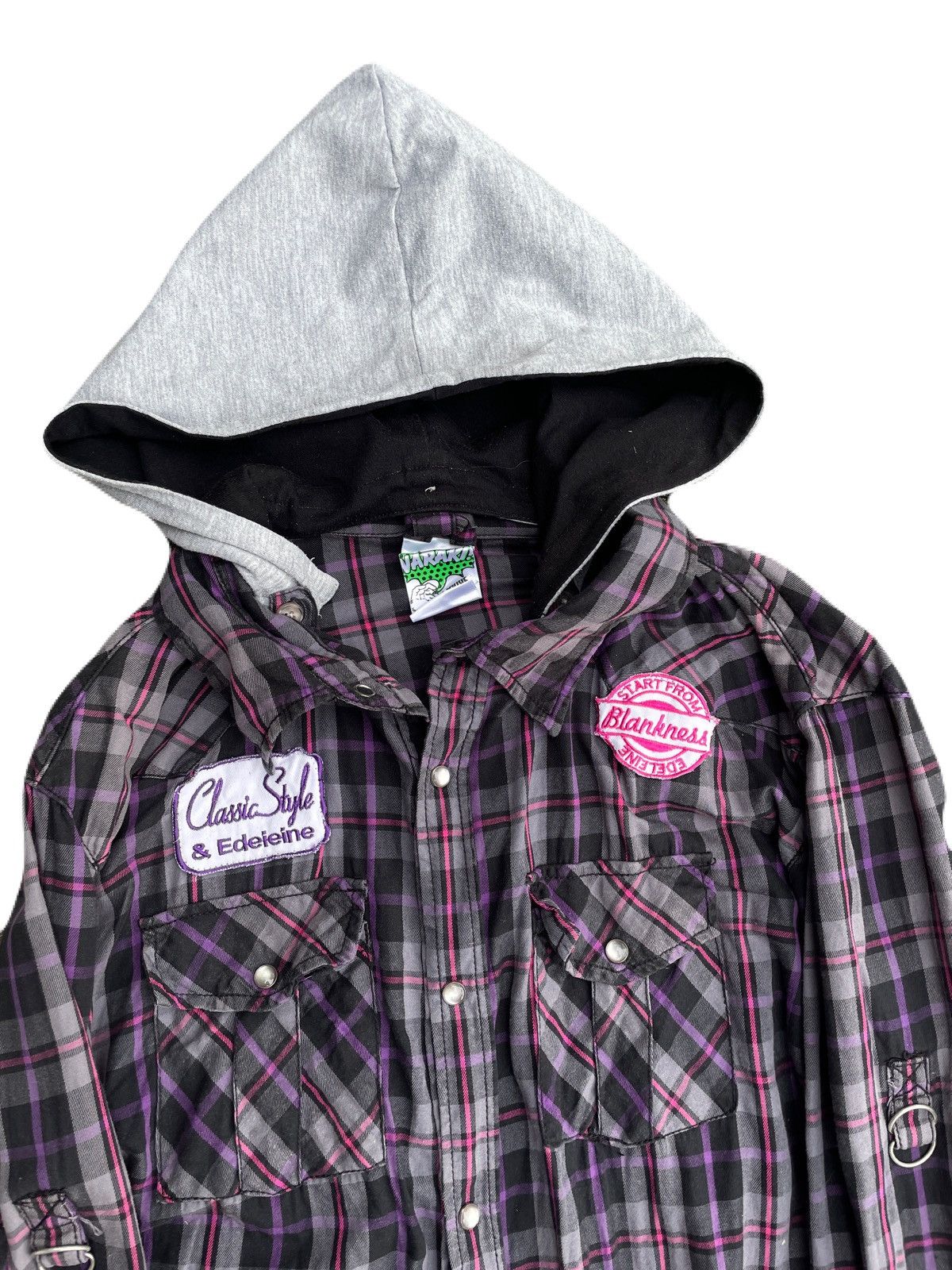If Six Was Nine 2000s Japanese archive Vkei Patch Plaid Hooded Shirts Gyaruo Size US M / EU 48-50 / 2 - 5 Thumbnail