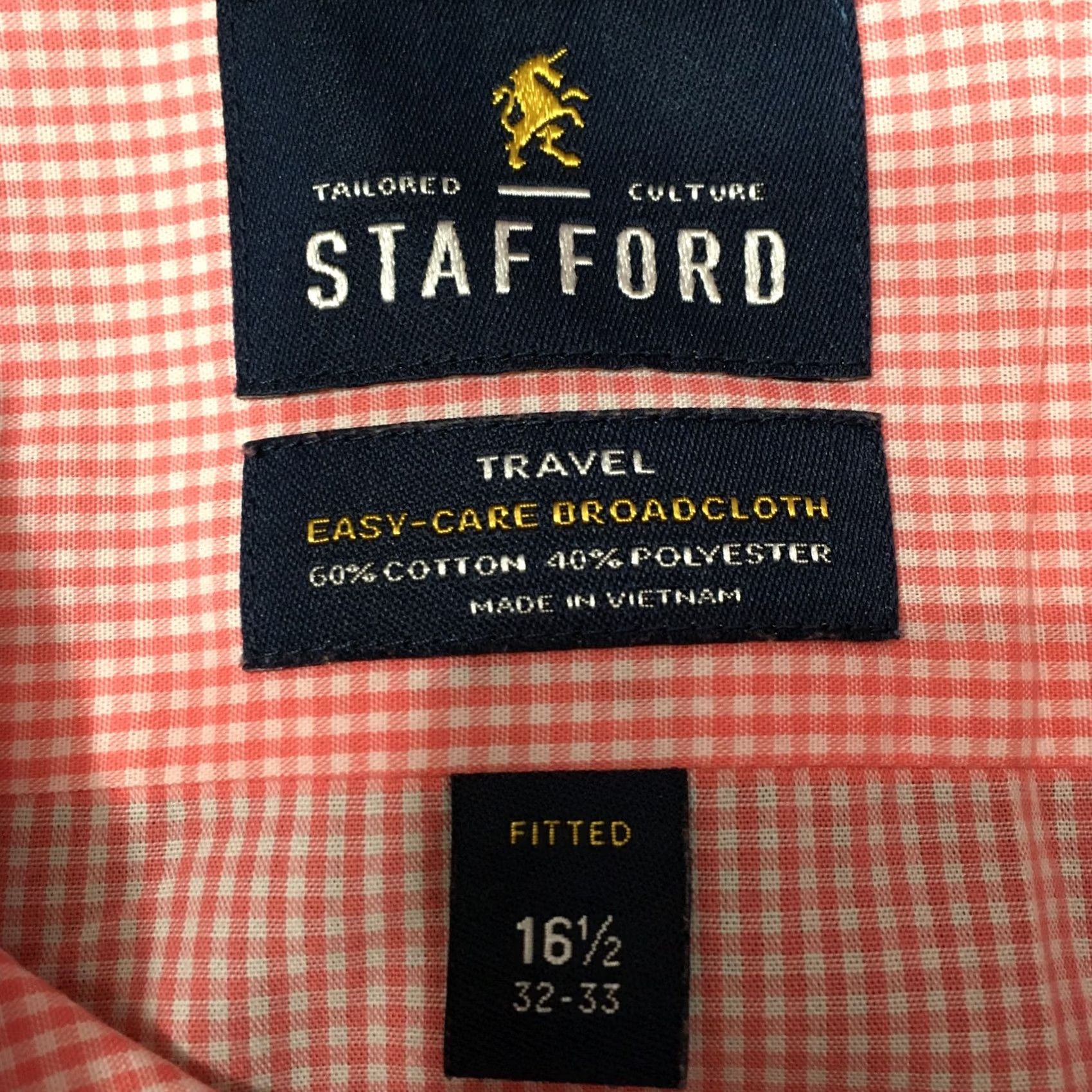 Stafford Stafford Dress Shirt Mens 16.5 32/33 PINK CHECK Button Up TRAVEL EASY CARE Size 46R - 3 Thumbnail