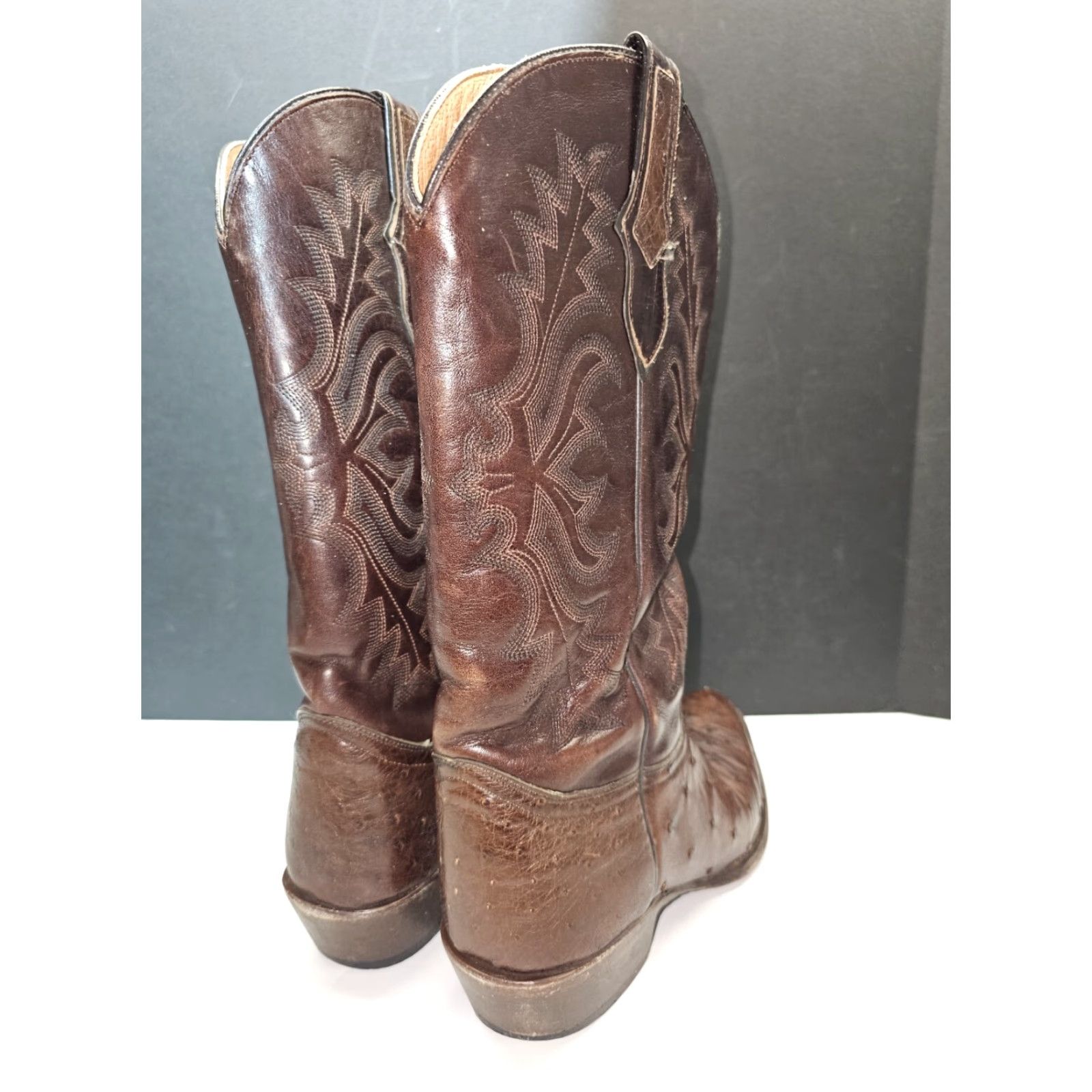 Stetson VINTAGE John B Stetson Cowboy Western Boots Men’s Sz 9D Brown Leather Ostrich Handmade Mid-Calf Shaft Pointed Toe Pull On D Width Boots Size US 9 / EU 42 - 4 Thumbnail