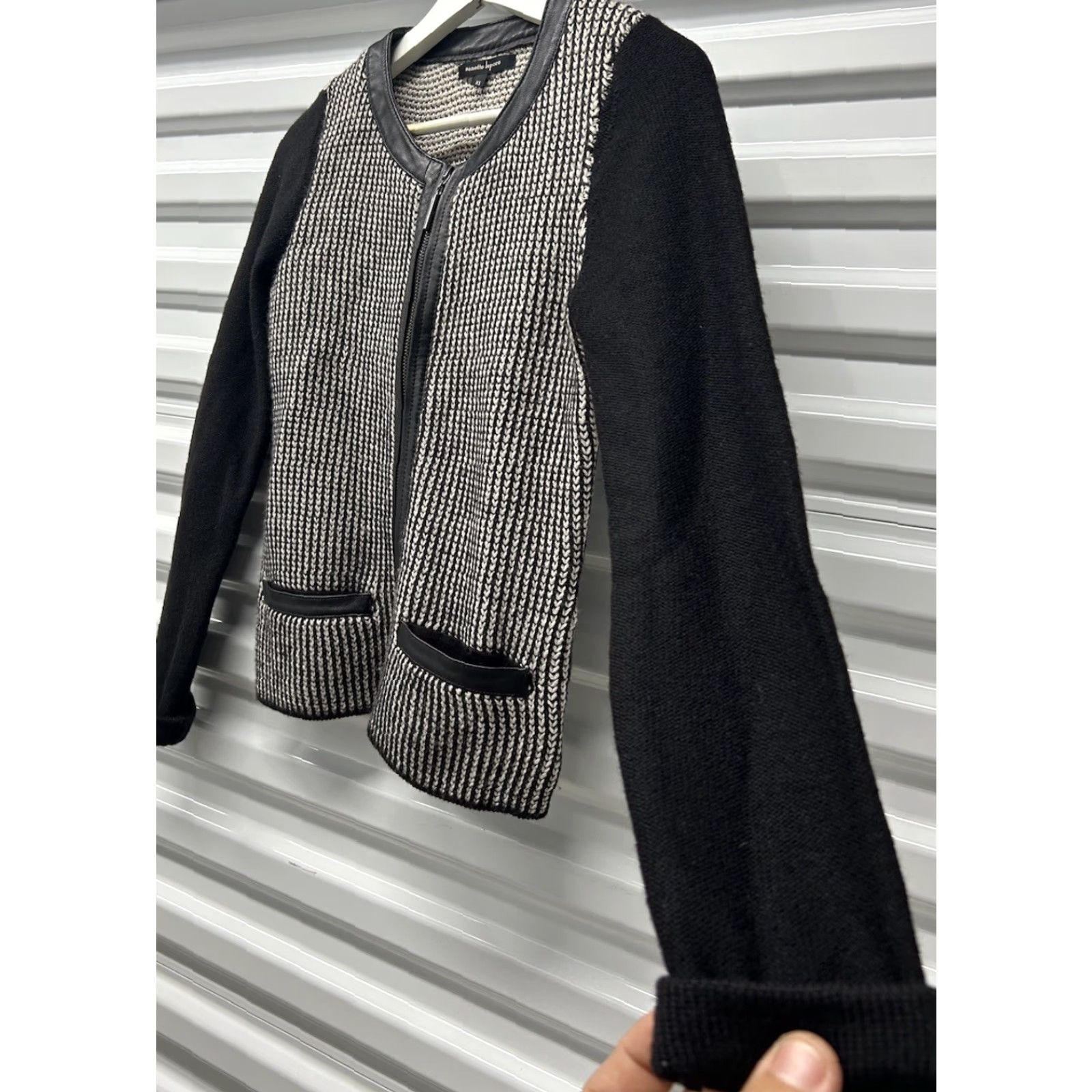 Nanette Lepore VINTAGE Women’s Nanette Lepore Gray Wool Knit Black Leather ZipUp Sweater Jacket XS Size XS / US 0-2 / IT 36-38 - 3 Thumbnail