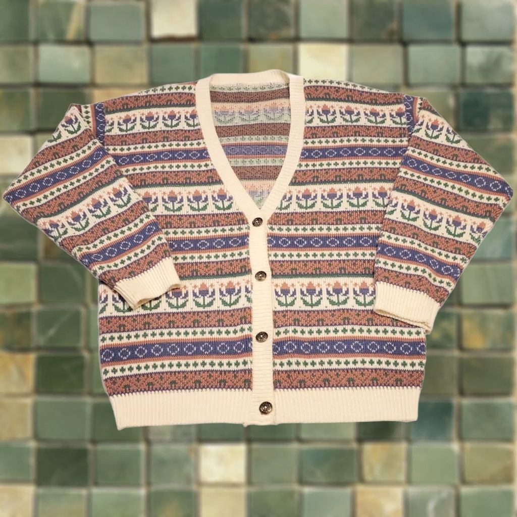 Vintage Vtg Grandma Knit Cardigan Womens Large Pastel Tulip Cottagecore Easter Size L / US 10 / IT 46 - 1 Thumbnail