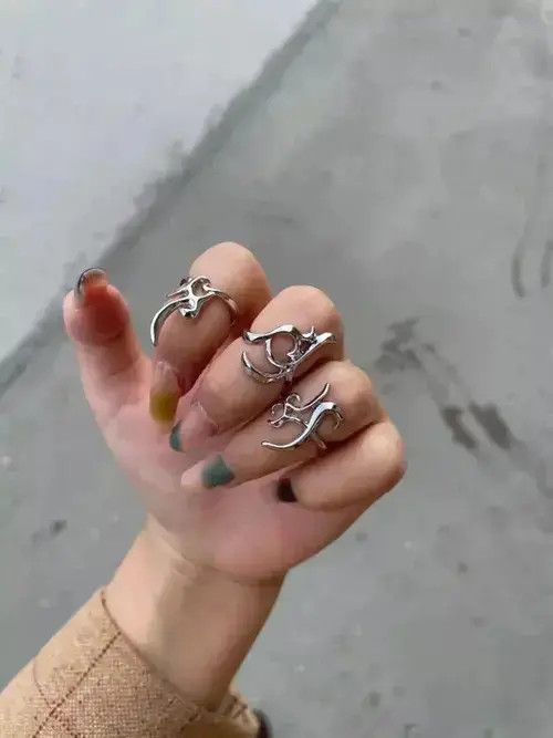 Jewelry x Vintage Tribal Rings Veins Silver Spikes Cyberpunk Art Psychedelic, Men's