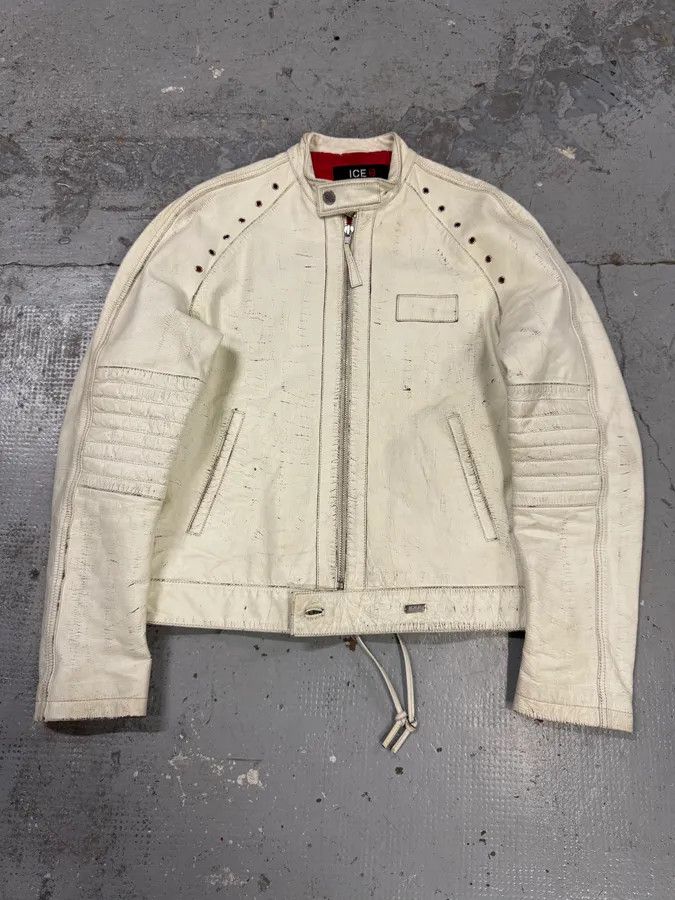 2000s Iceberg White Painted Leather Biker Jacket