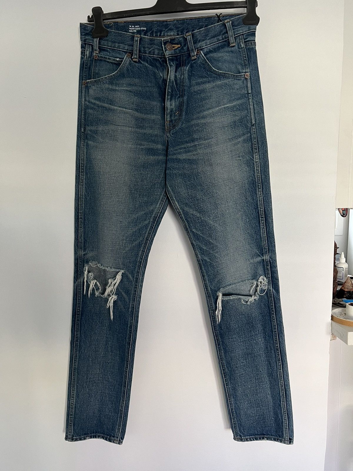 image of Celine x Hedi Slimane Union Wash Distressed Denim in Blue, Men's (Size 31)