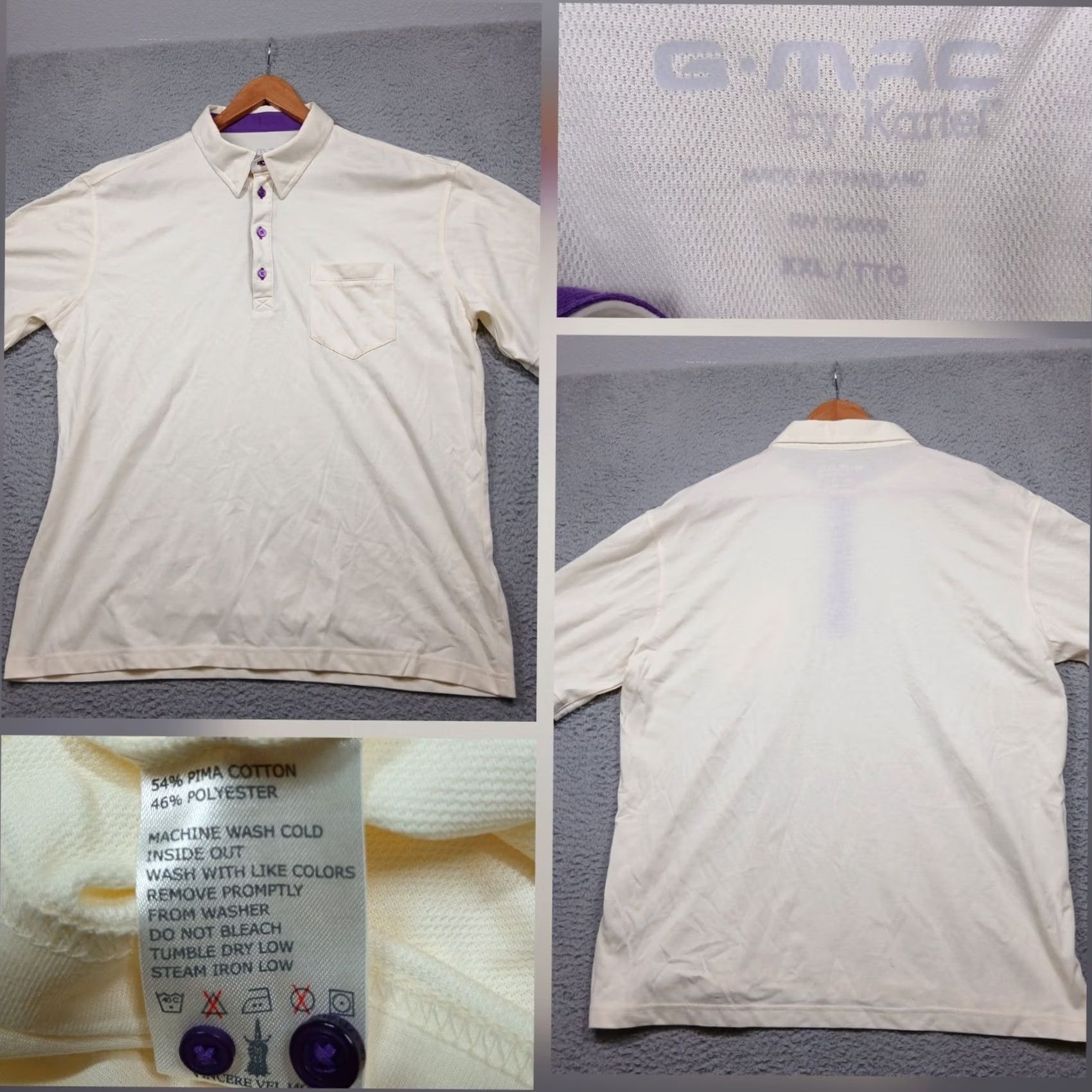 Vintage G-Mac by Kartel Polo Shirt Men XXL Cream Pima Cotton Blend Golf Casual Beige Short Sleeve Collared Chest Pocket Mock-Ups Purple Trim Size US XXL / EU 58 / 5 - 2 Thumbnail