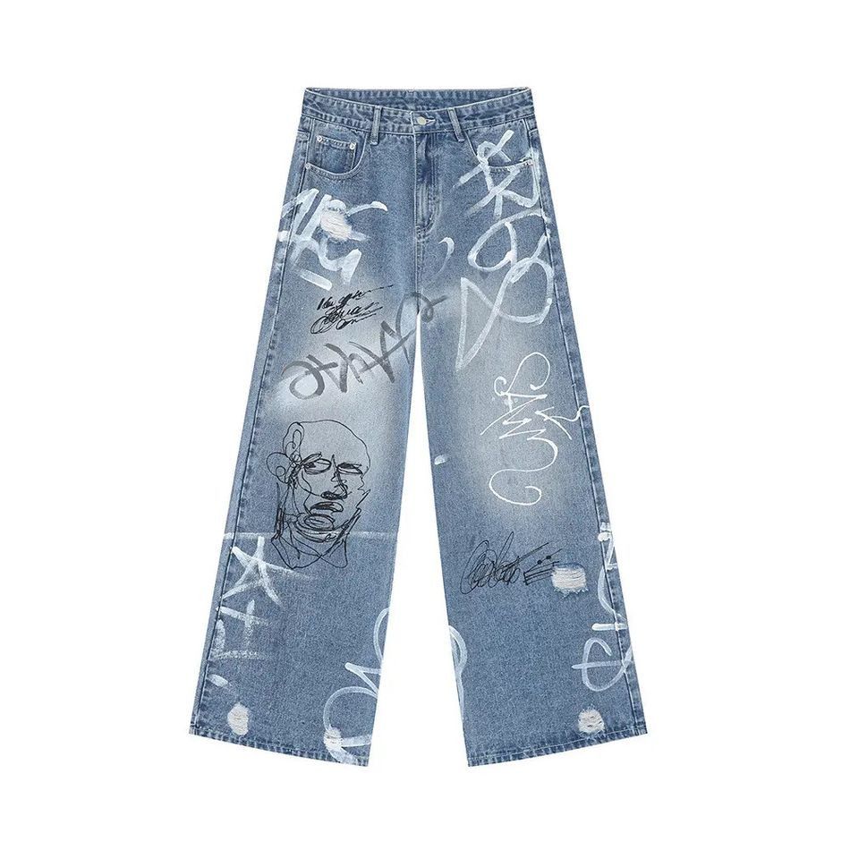 Japanese Brand Retro loose wide leg graffiti jeans Size US 32 / EU 48 - 5 Thumbnail