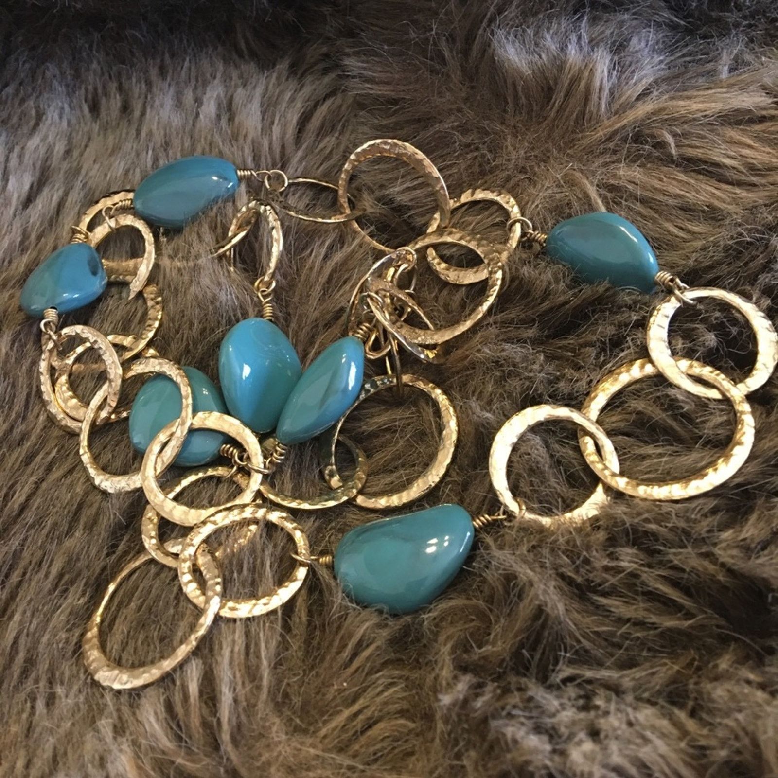 Jewelry Faux turquoise hammered gold disc long necklace Size ONE SIZE - 6 Thumbnail