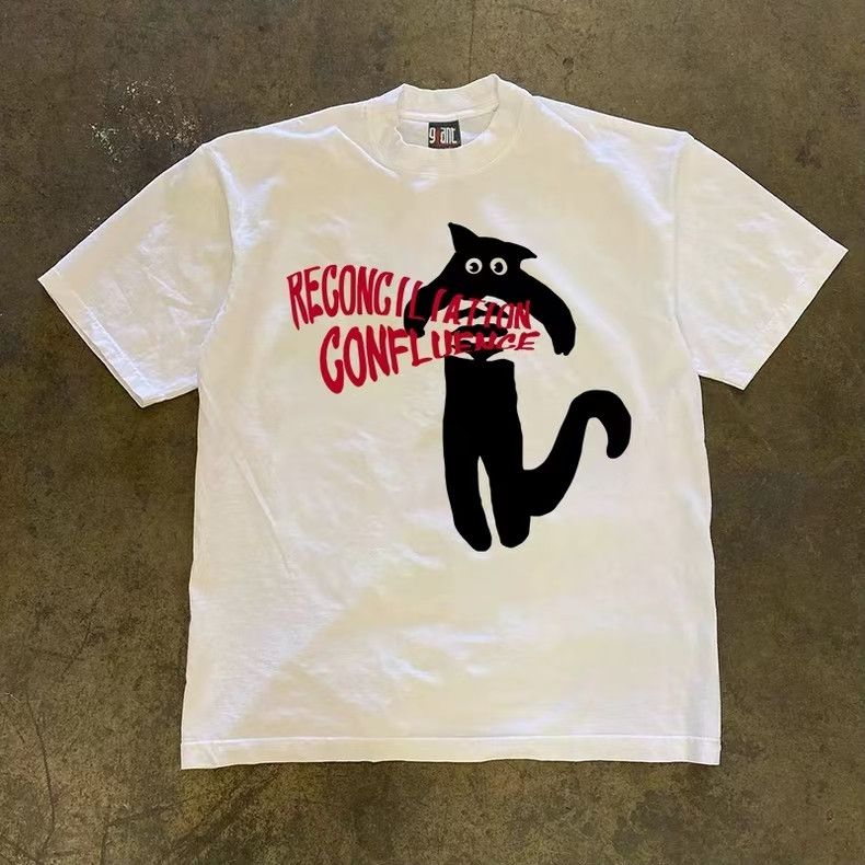 Japanese Brand White street washed retro cat print t-shirt Size US M / EU 48-50 / 2 - 1 Thumbnail