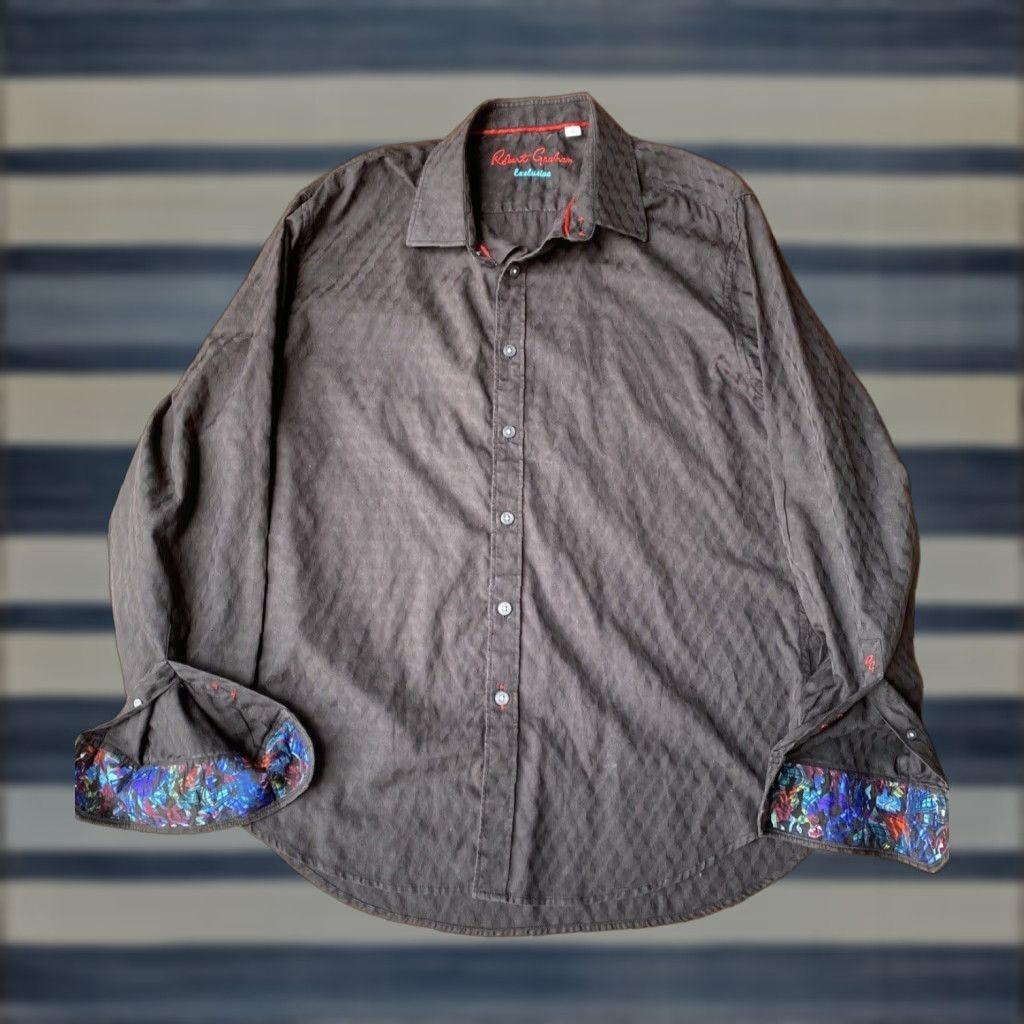 Robert Graham ROBERT GRAHAM Shirt Dress Button-Down Black XL Mens Embroidered Textured Embossed Classic Colorful Designer Size 46R - 1 Thumbnail