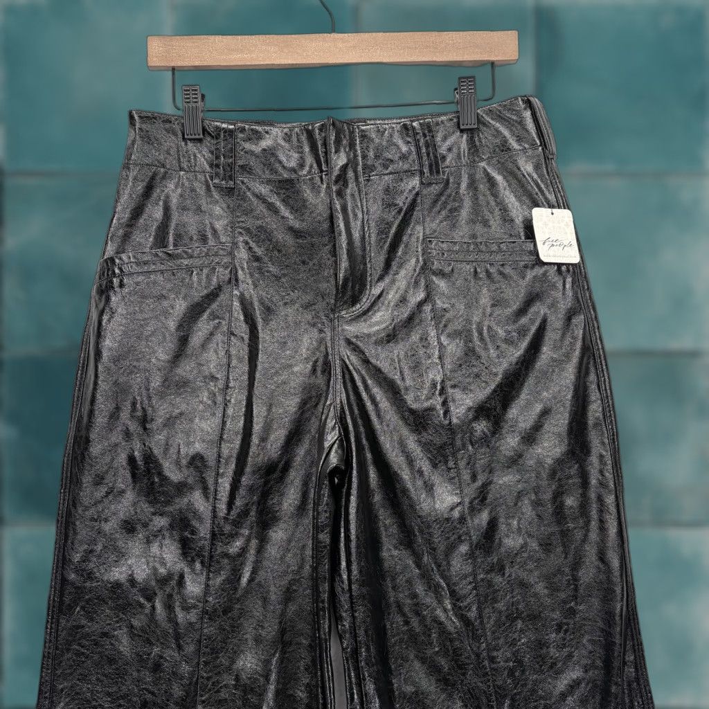 Free People Free People Pants Womens 8 Black Faux Leather Coated Wide Leg Dressy High Rise Size 30" / US 8 / IT 44 - 1 Thumbnail
