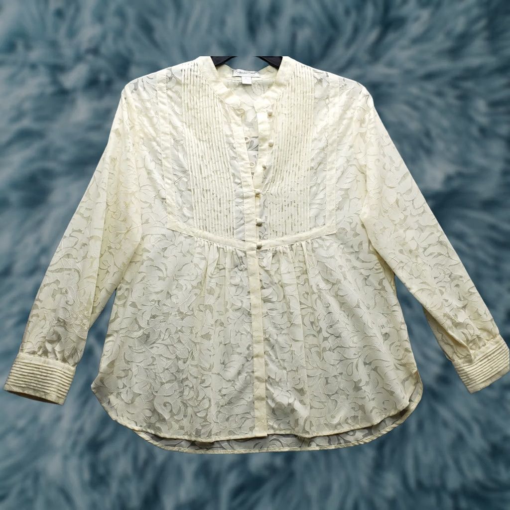 Coldwater Creek Coldwater Creek Blouse Women's Petites L Tan Floral Long Sleeve Button Front Shirt Size L / US 10 / IT 46 - 1 Thumbnail