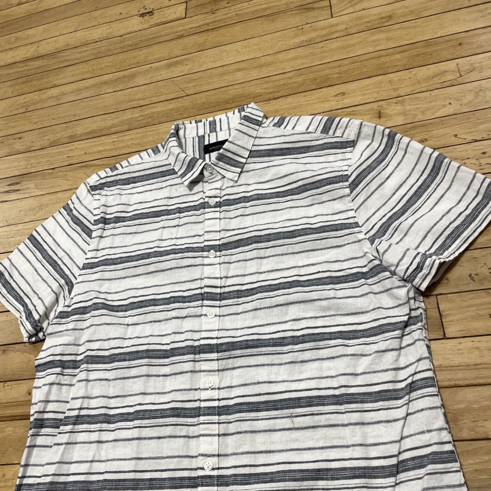 Nautica VINTAGE Structure Linen Button Shirt Men XL Slim Fit Gray White Striped Preppy Nautical Shirt Mens Slim Fit Linen Button-Up Shirt Size US XL / EU 56 / 4 - 3 Thumbnail