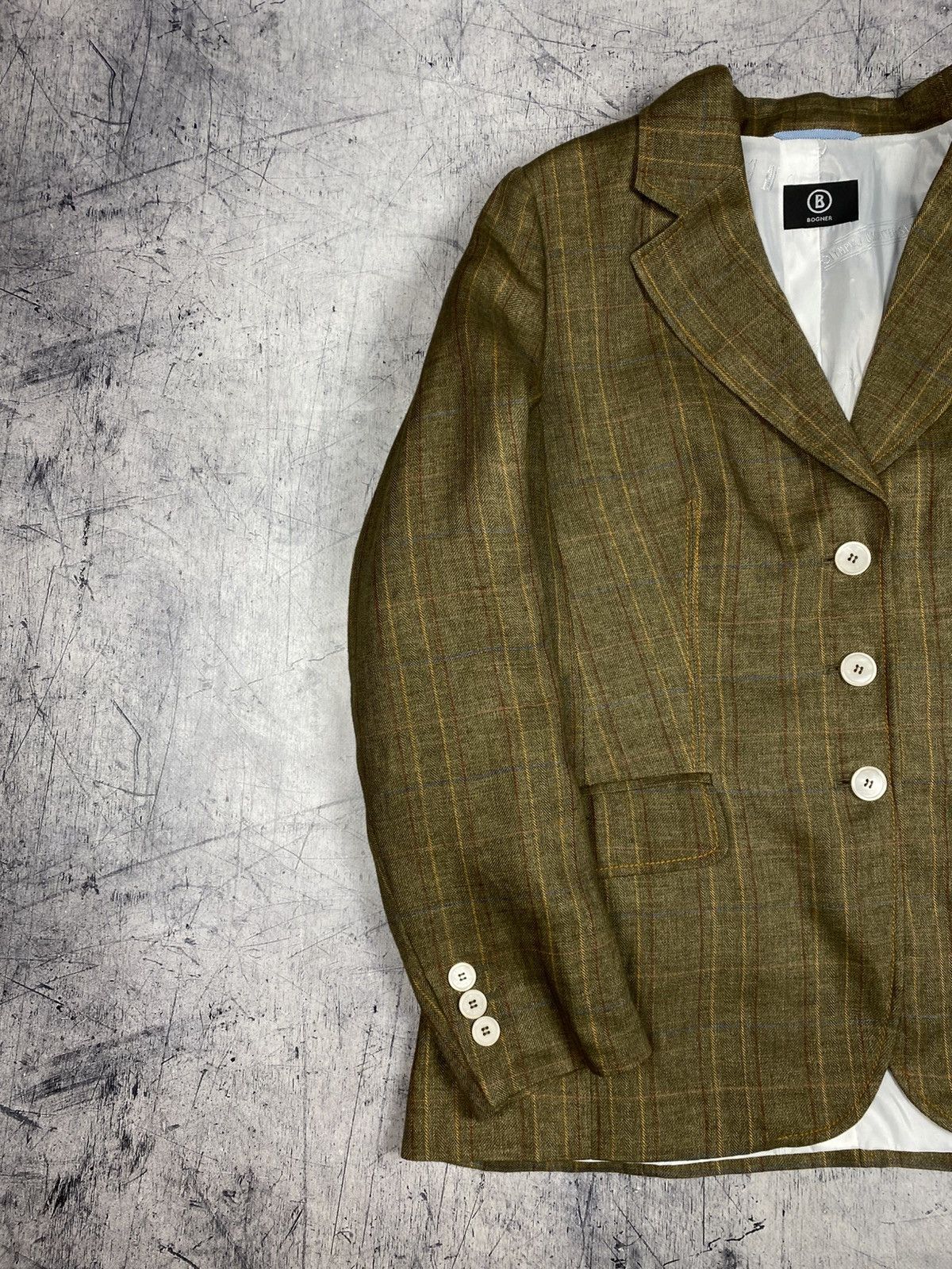 Bogner Bogner Women Olive Linen Silk Blazer Plaid Tailored Jacket Size XL / US 12-14 / IT 48-50 - 3 Thumbnail