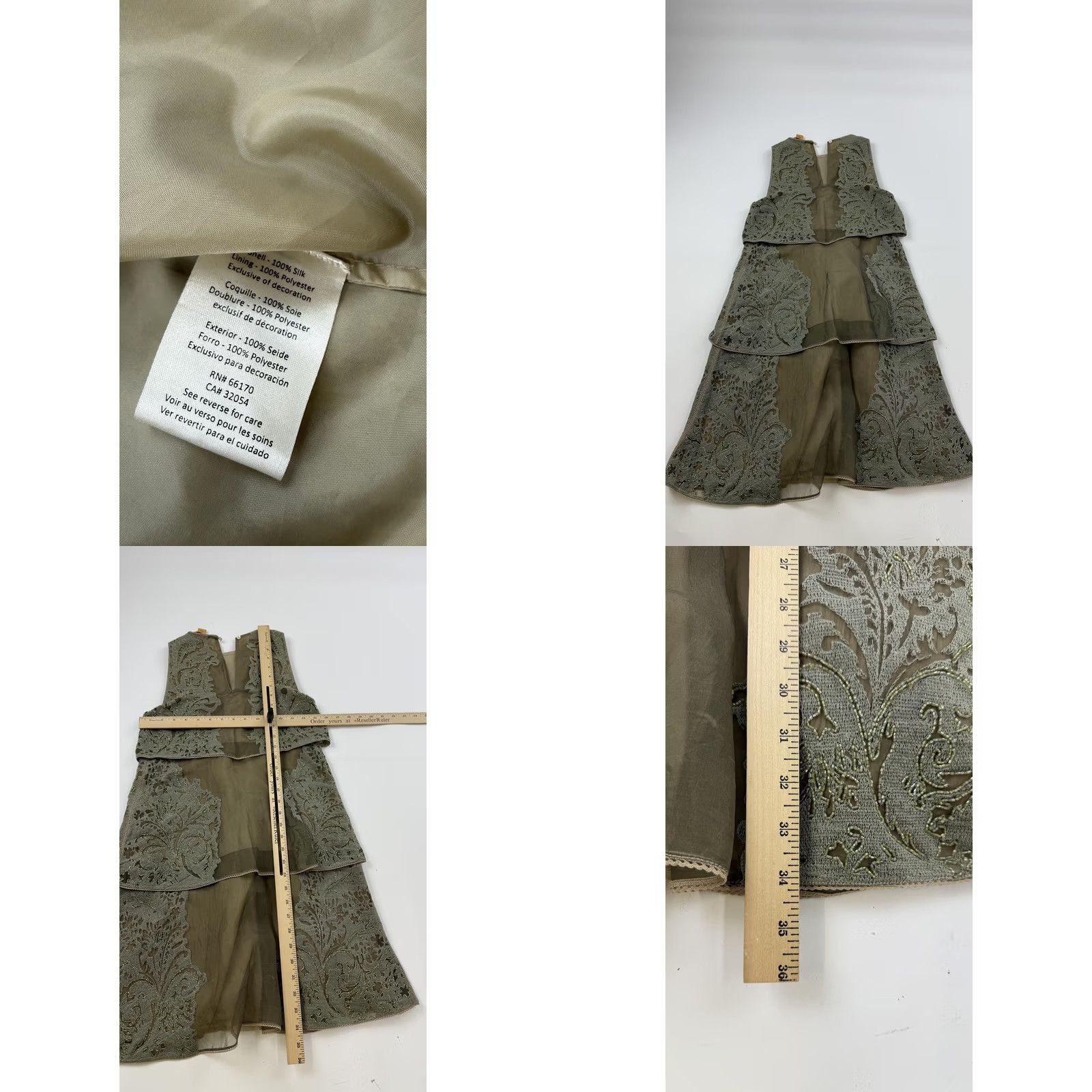 Anthropologie Not So Serious Dress Womens 0 Olive Green Silk Beaded Embroidered Tiered Sheer Size XS / US 0-2 / IT 36-38 - 8 Thumbnail