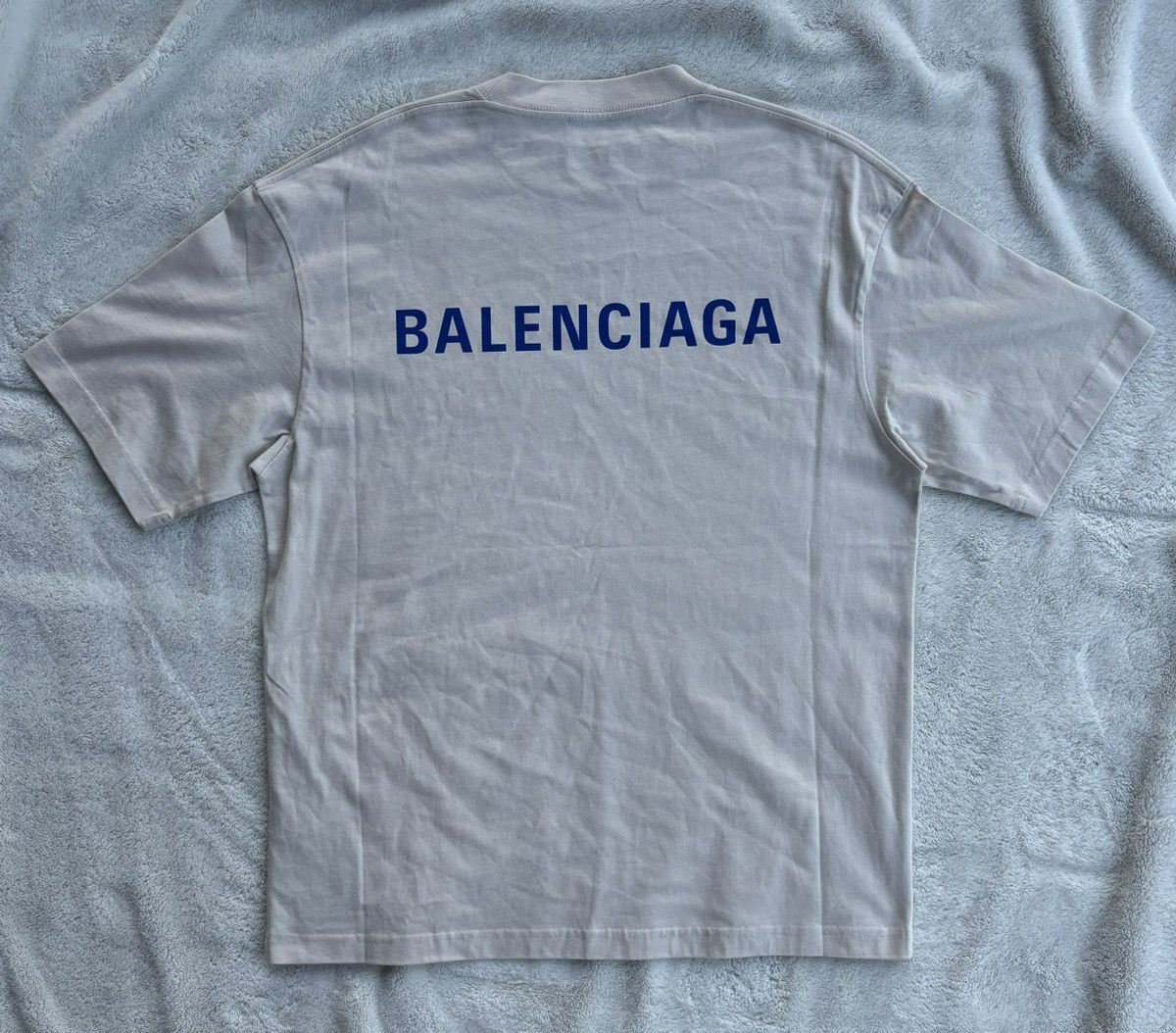 Balenciaga Cream/Blue Spellout Logo Tee