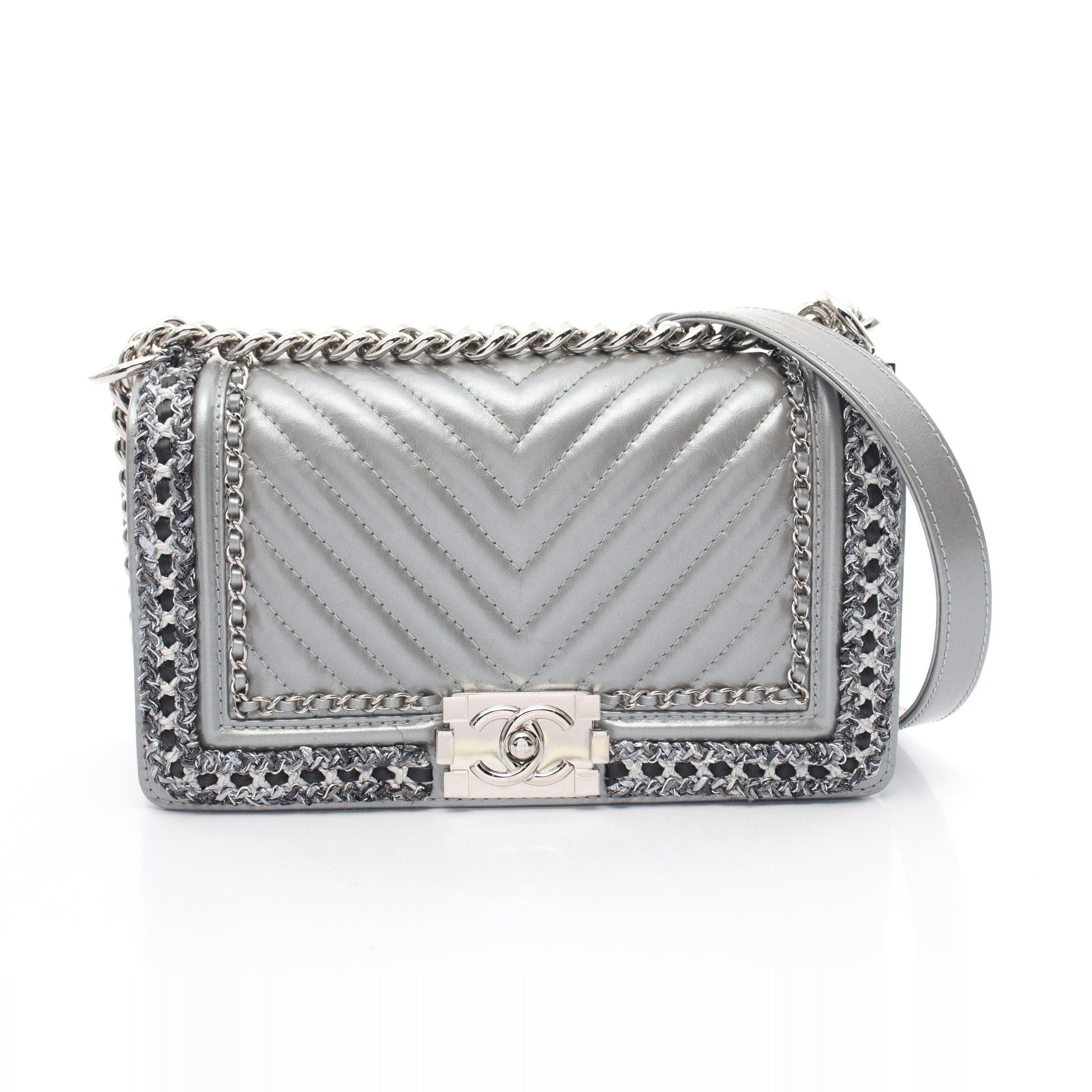 Chanel Chanel Boy Chanel Matelasse Chain Shoulder Bag Leather Tweed Gray Silver Hardware Size ONE SIZE - 1 Thumbnail