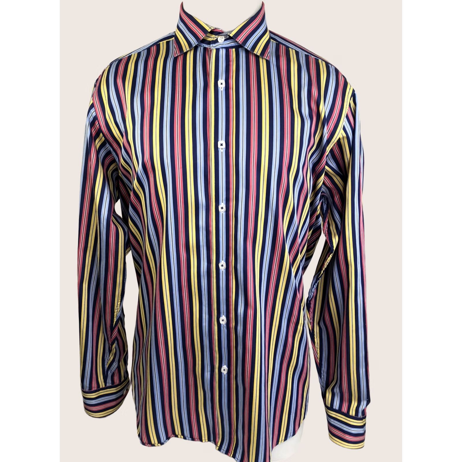 BUGATCHI BUGATCHI Shirt Mens L Embroidered Lion Classic Fit Striped Blue Red Yellow Colorful Button-Up Size US L / EU 52-54 / 3 - 1 Thumbnail