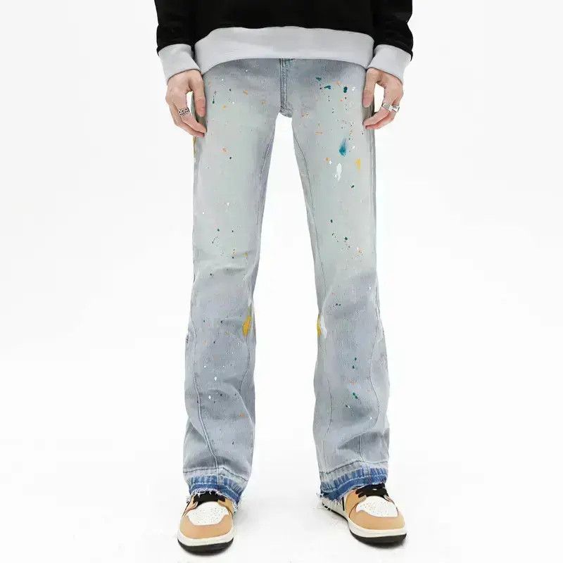 Japanese Brand Loose straight leg micro flared splashed ink jeans Size US 32 / EU 48 - 2 Thumbnail