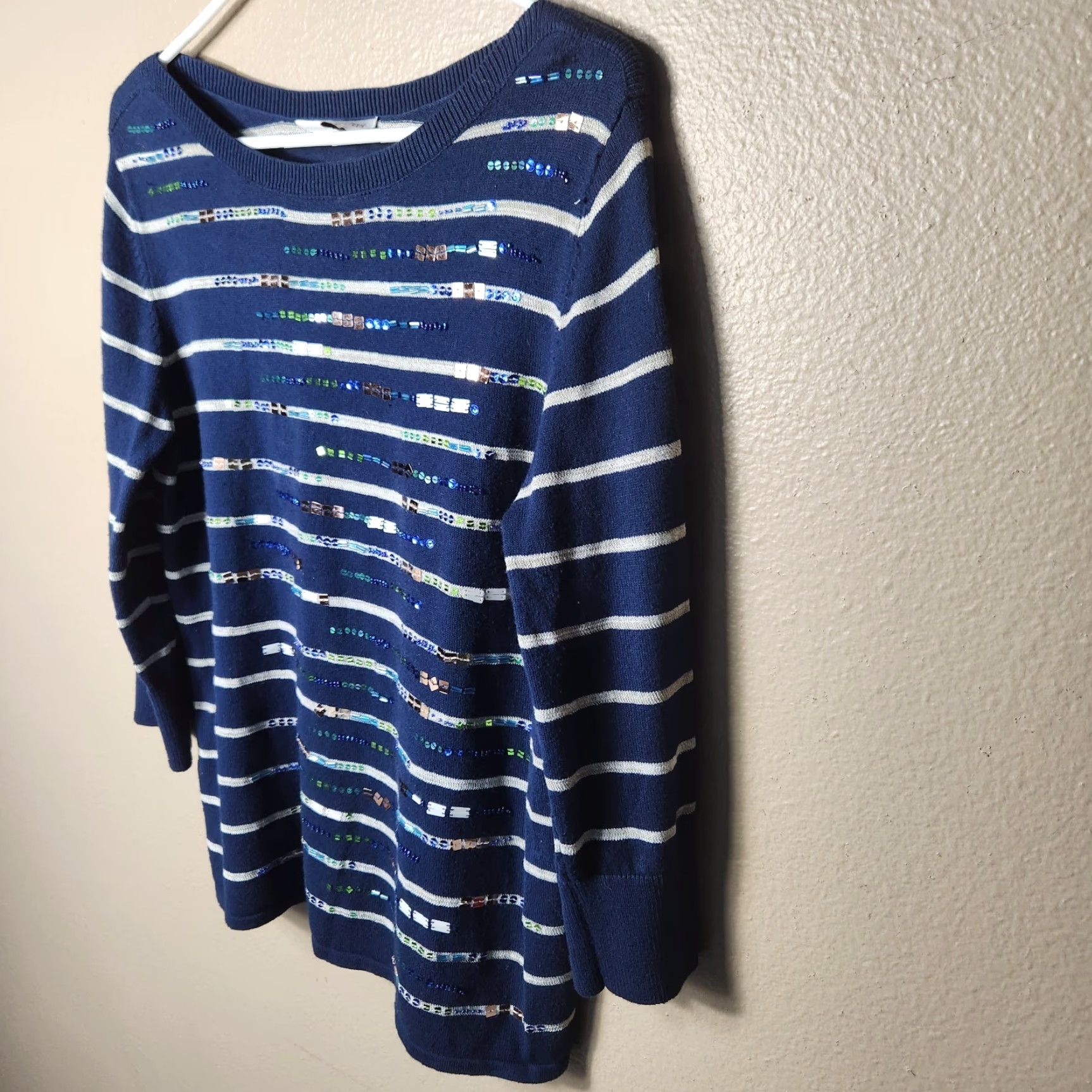 Coldwater Creek VINTAGE Coldwater Creek Stripe Bead Sequin Embellished Navy/Gray 3/4 Slv Sweater-Size M Size M / US 6-8 / IT 42-44 - 5 Thumbnail