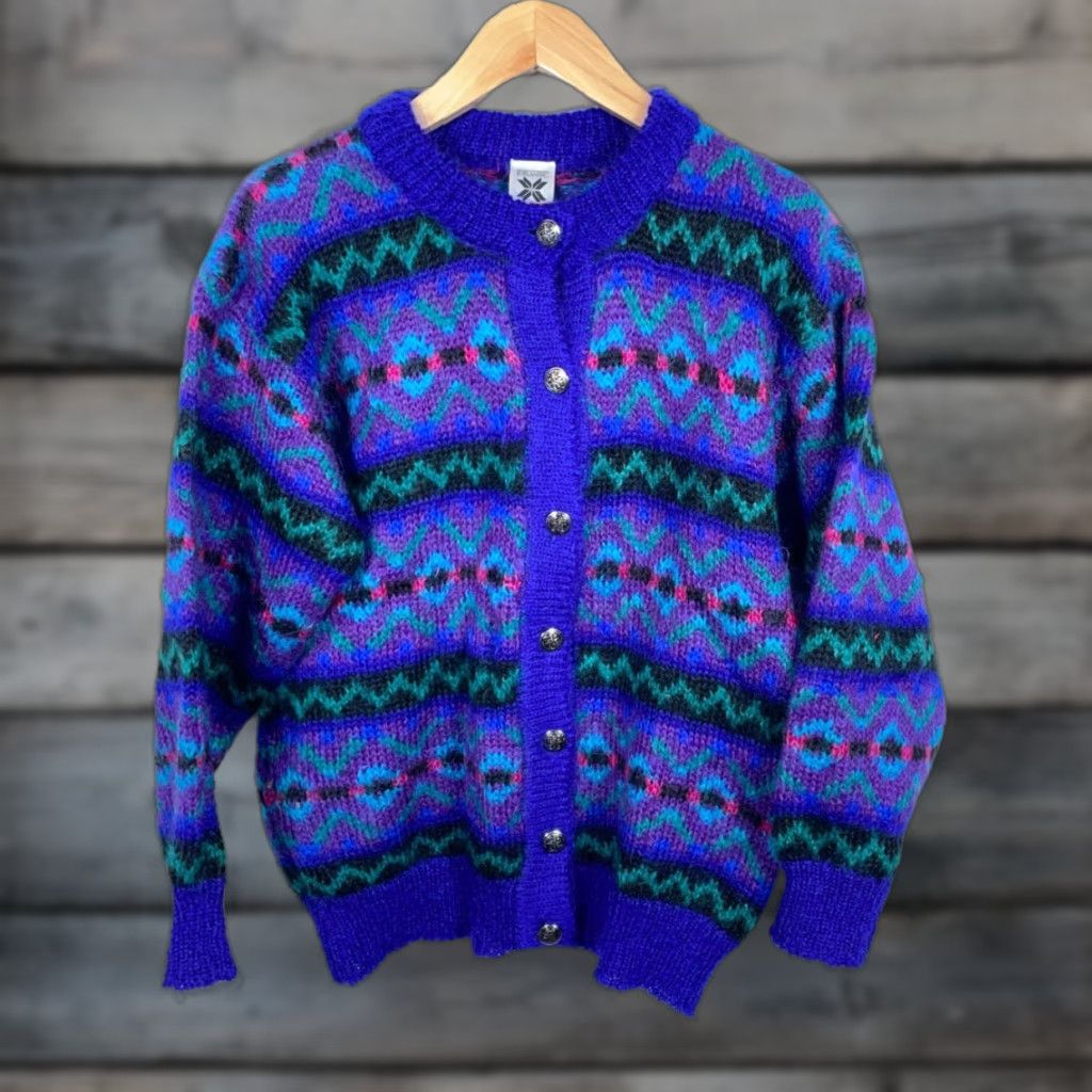 Vintage VINTAGE Icelandic Design Cardigan Sweater Geometric Blue Heavyweight Mohair Blend Long Sleeve Crew Neck Women M Size M / US 6-8 / IT 42-44 - 1 Thumbnail