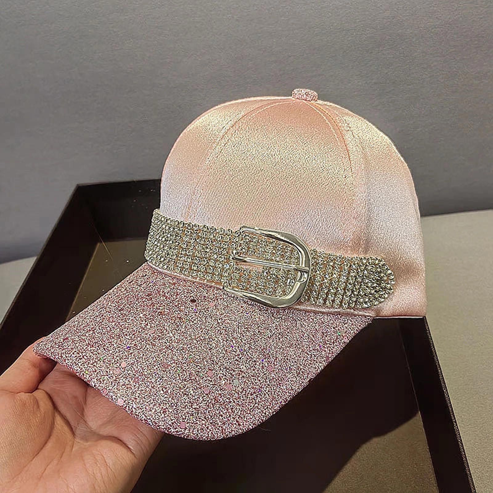 Jewelry Pink Satin Glitter Baseball Cap with Rhinestone Belt Size ONE SIZE - 8 Thumbnail